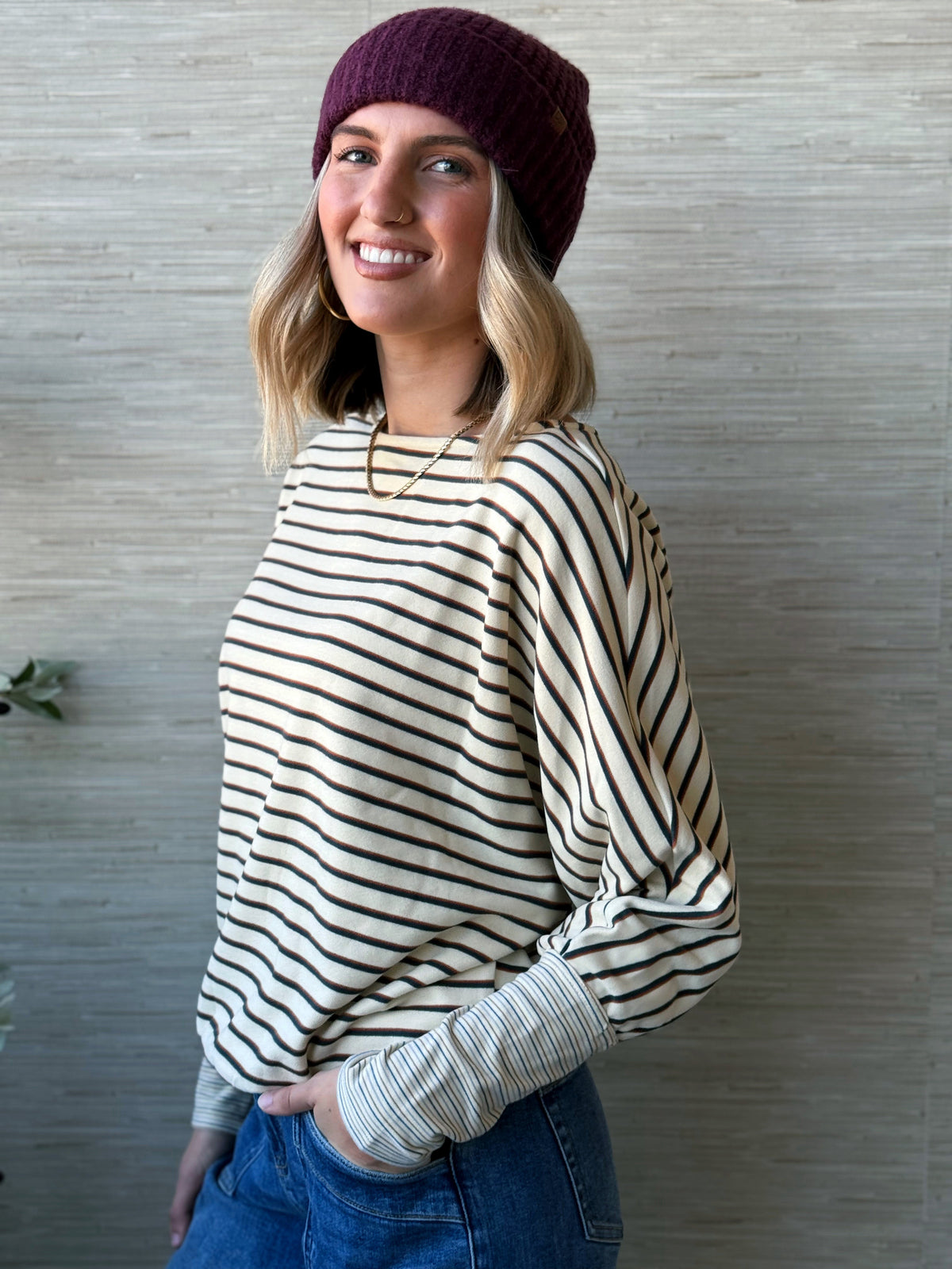 Perfect Stripe Dolman Top - CREAM MULTI - willows clothing L/S SHIRT