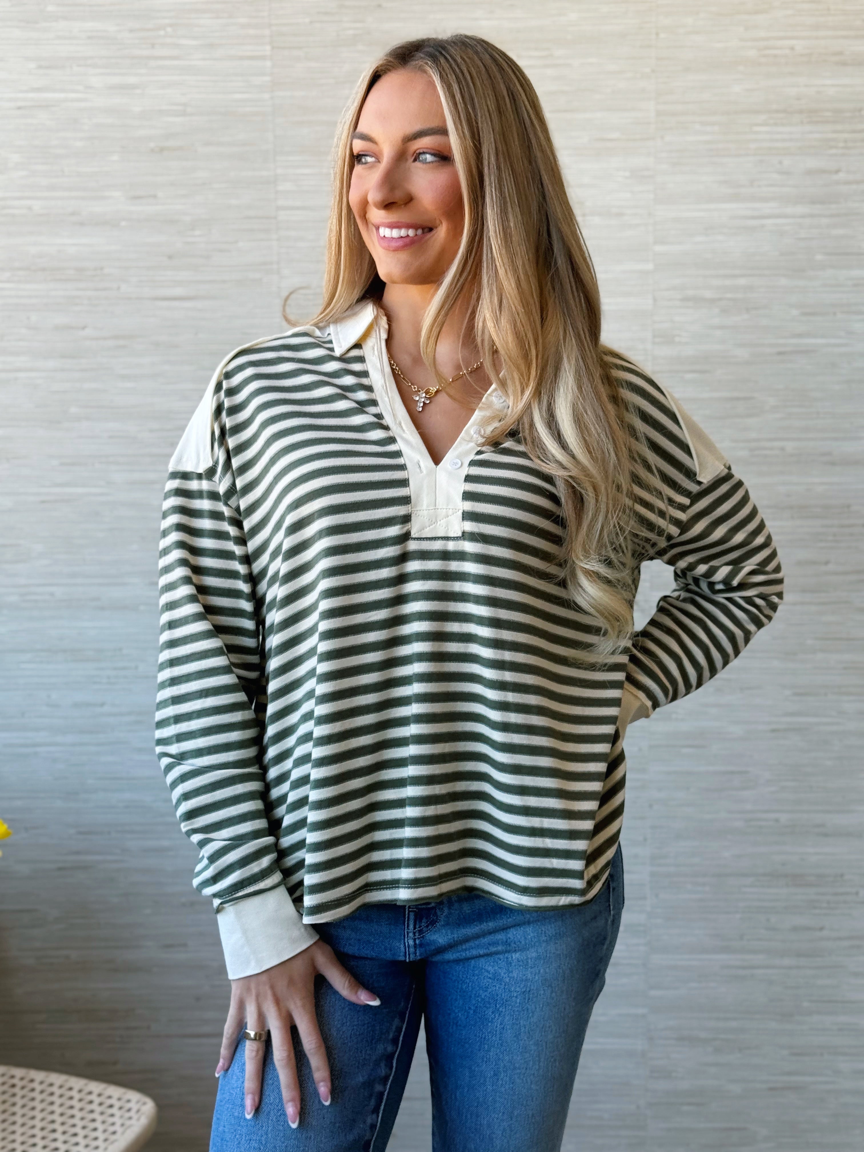 Preppy in the Pumpkin Patch Top - OLIVE GRAY - willows clothing L/S SHIRT