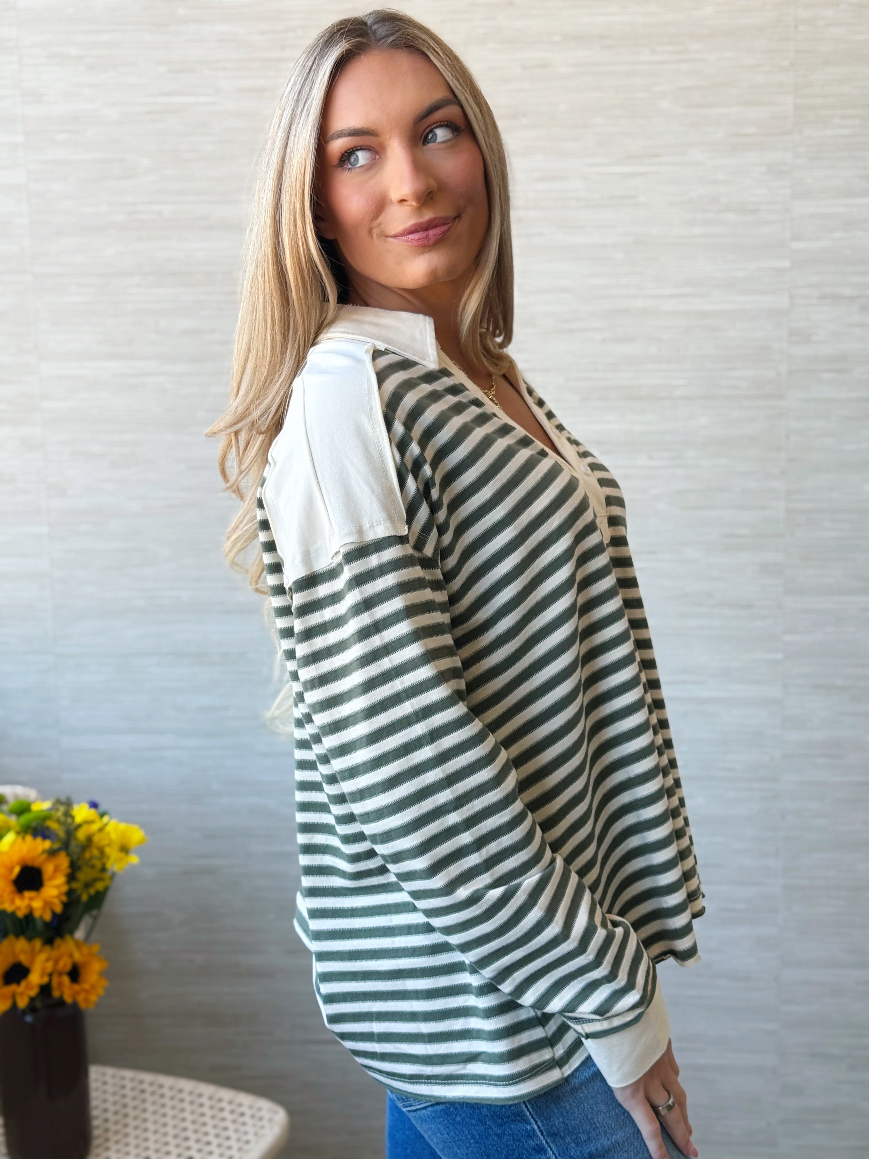 Preppy in the Pumpkin Patch Top - OLIVE GRAY - willows clothing L/S SHIRT