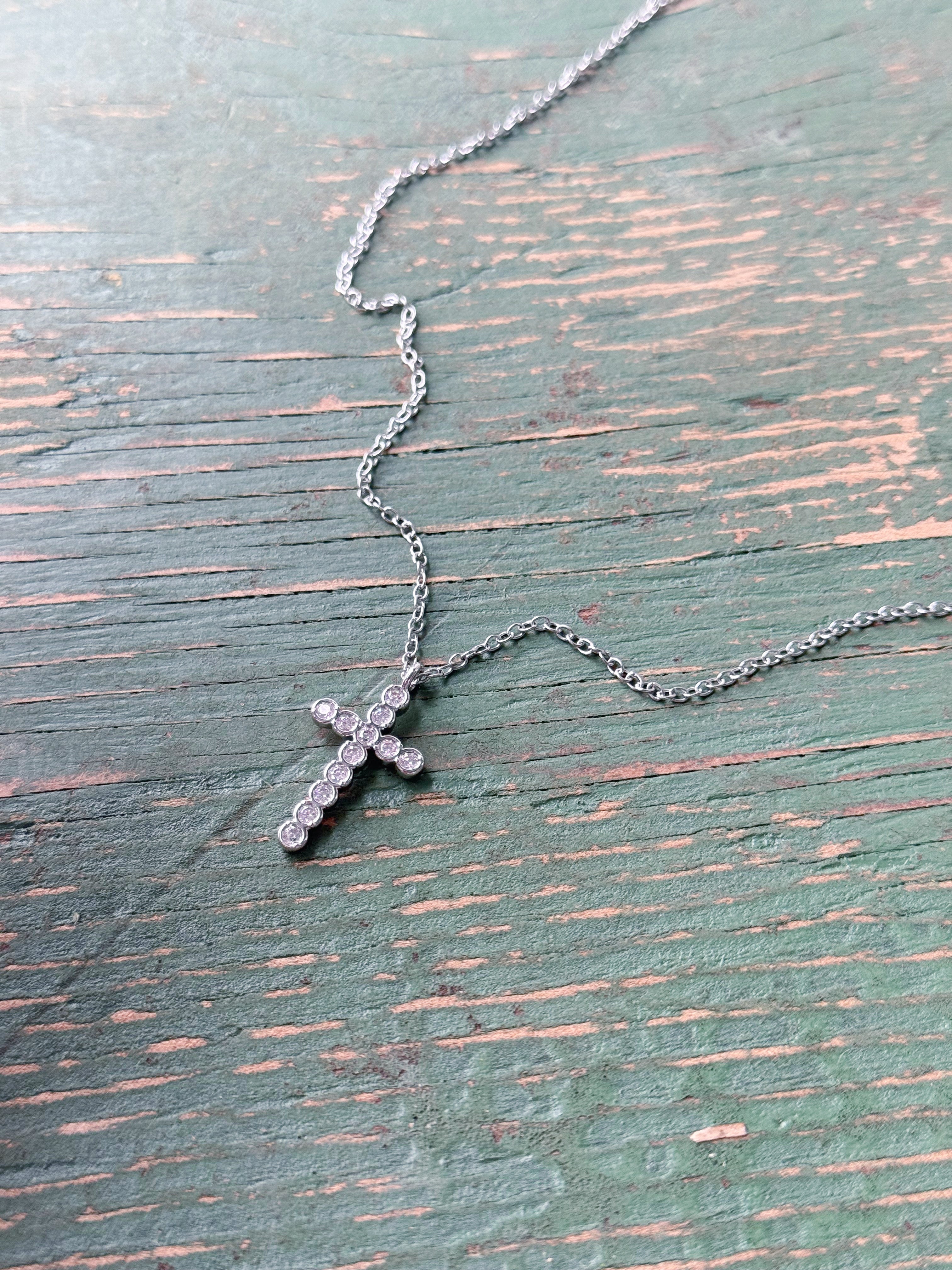 Rhinestone Cross Necklace - SILVER - willows clothing NECKLACE