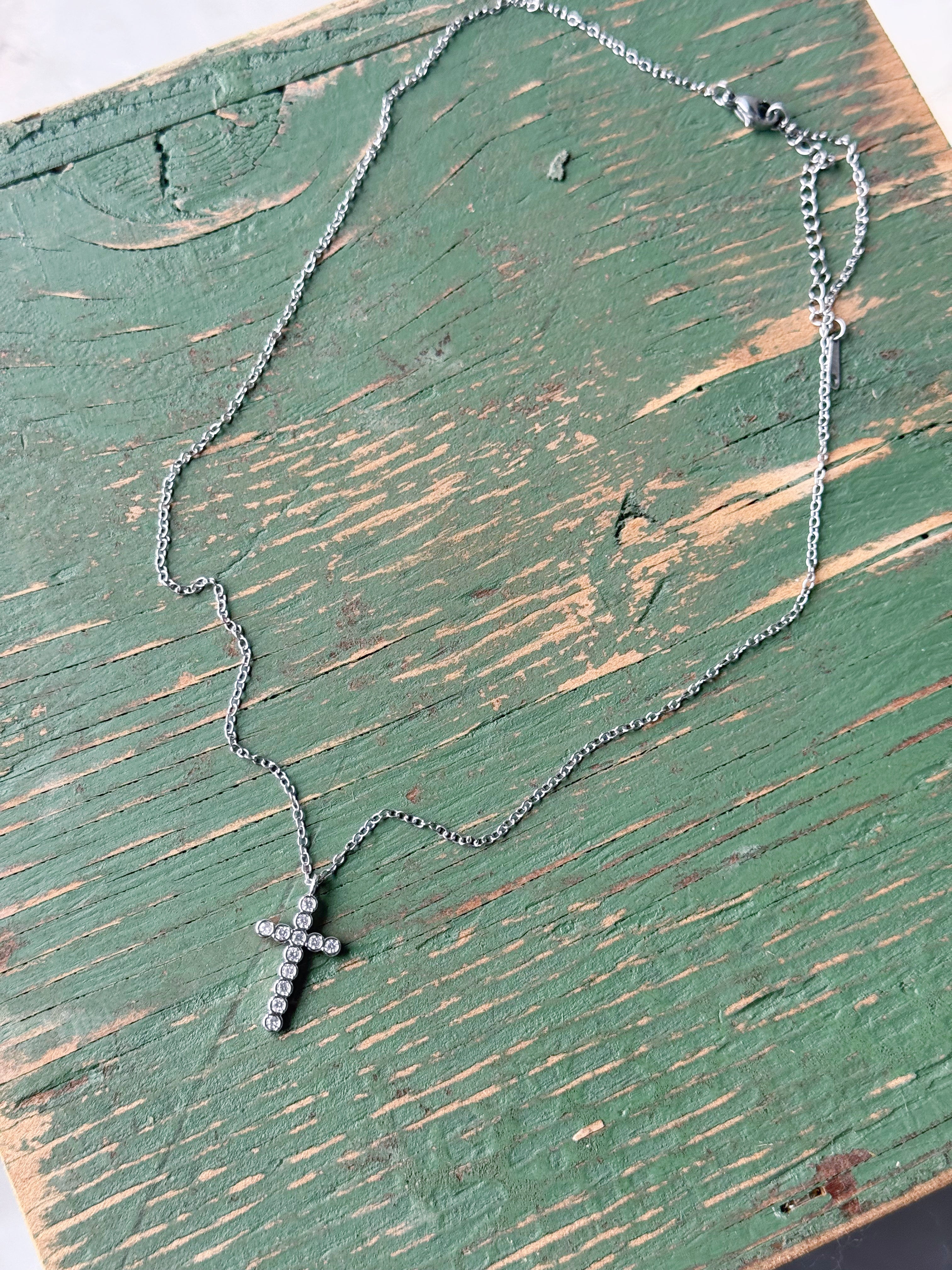 Rhinestone Cross Necklace - SILVER - willows clothing NECKLACE