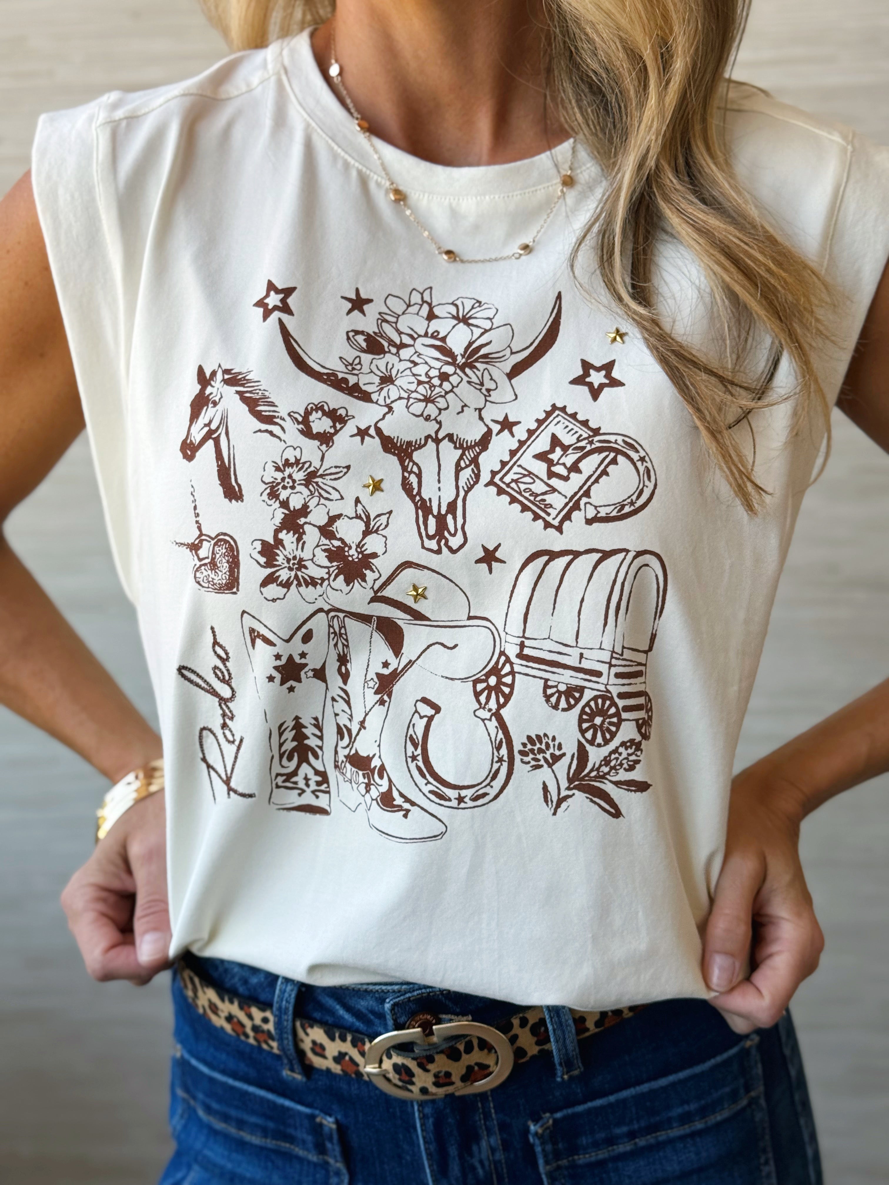 Rodeo Queen Tee - IVORY/BROWN - willows clothing S/S SHIRT
