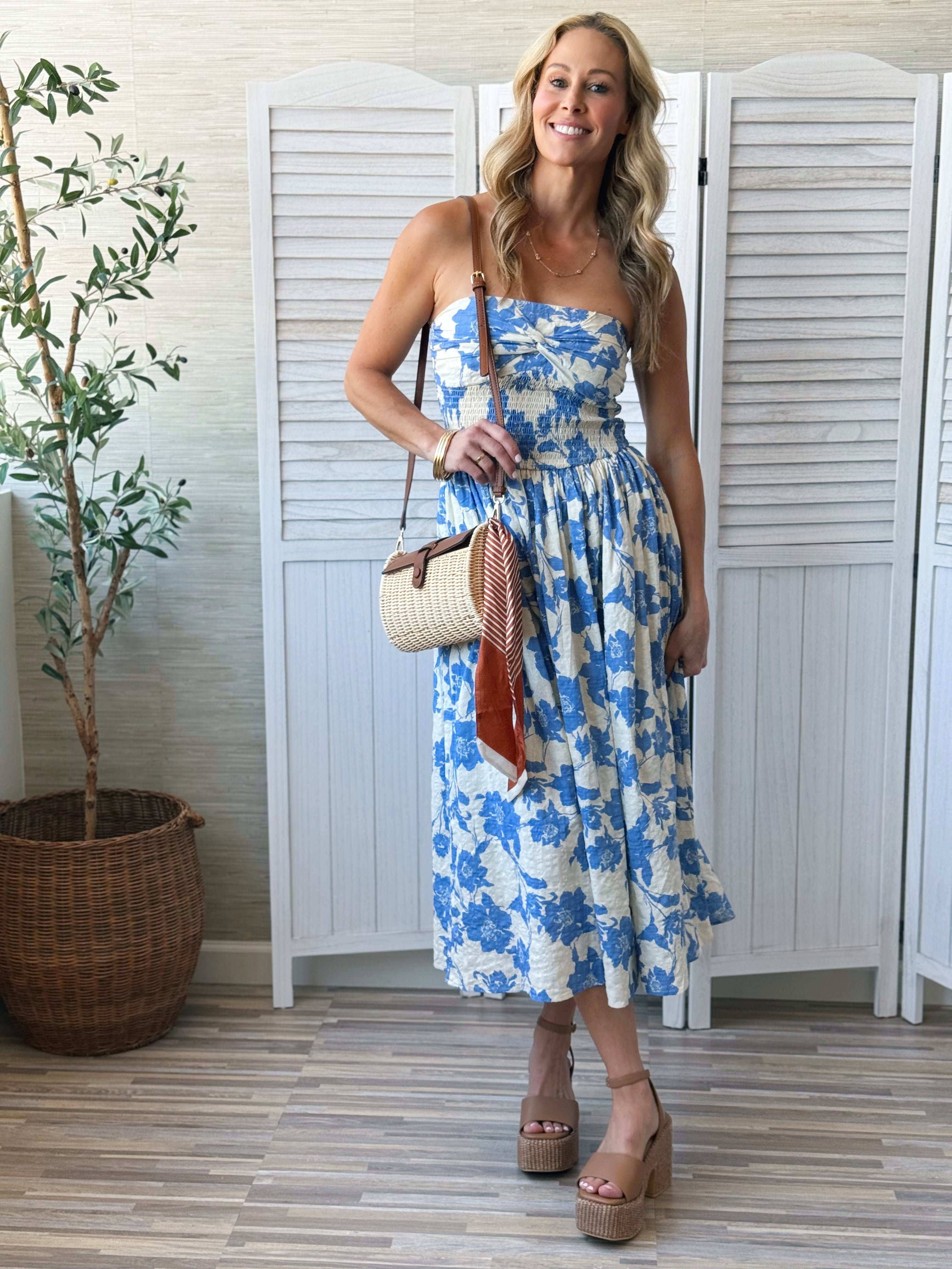 Rosanna Dress - IVORY/BLUE - willows clothing MIDI DRESS