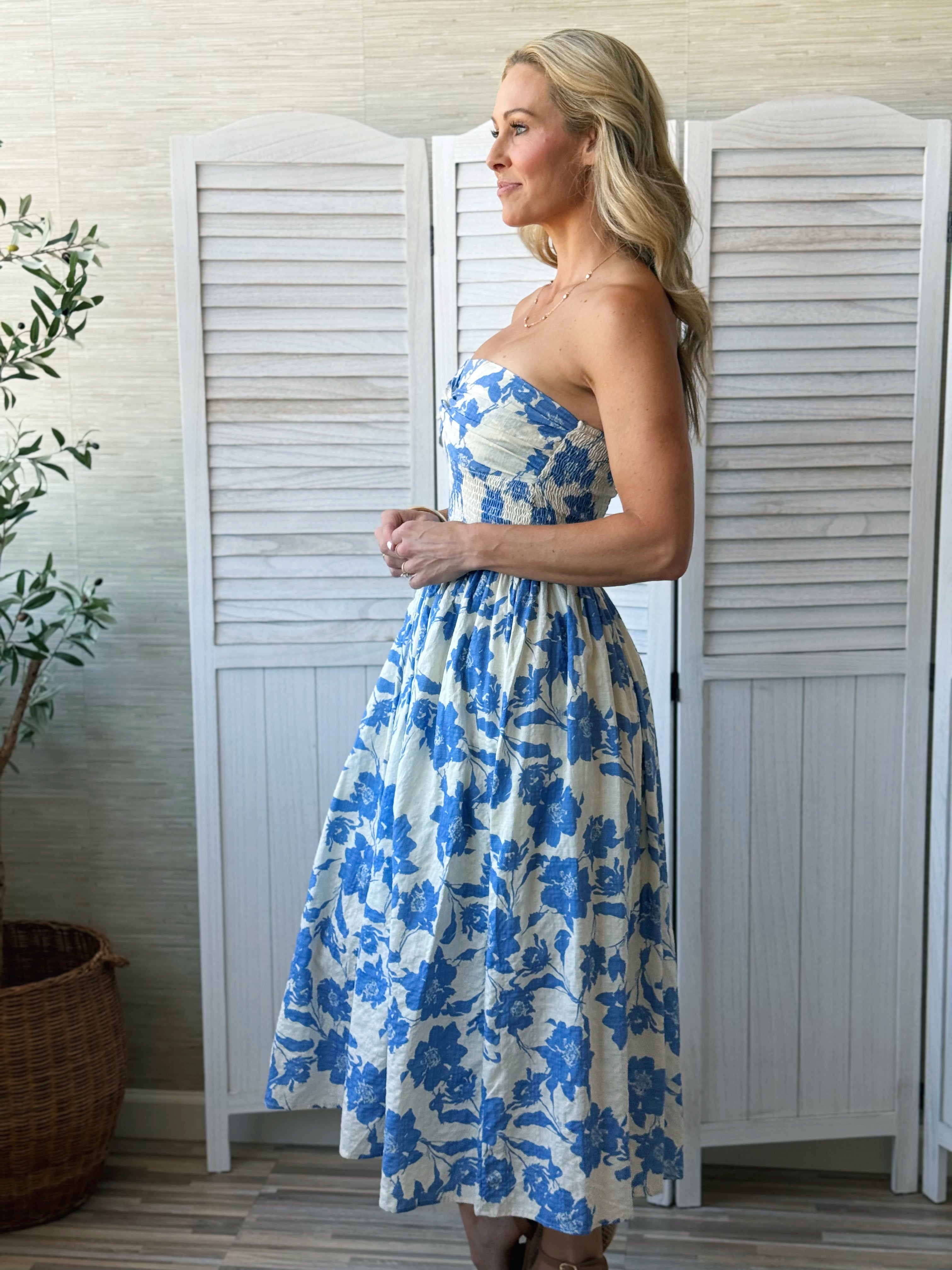 Rosanna Dress - IVORY/BLUE - willows clothing MIDI DRESS