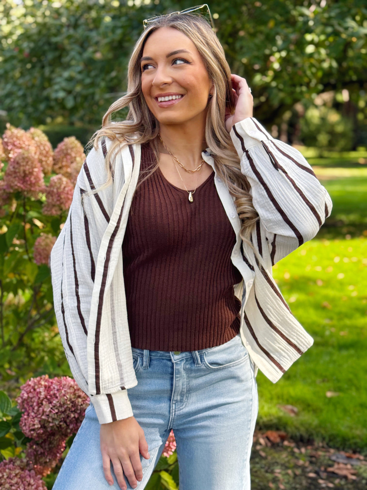 Sunshine Top - CREAM/BROWN STRIPE - willows clothing L/S SHIRT
