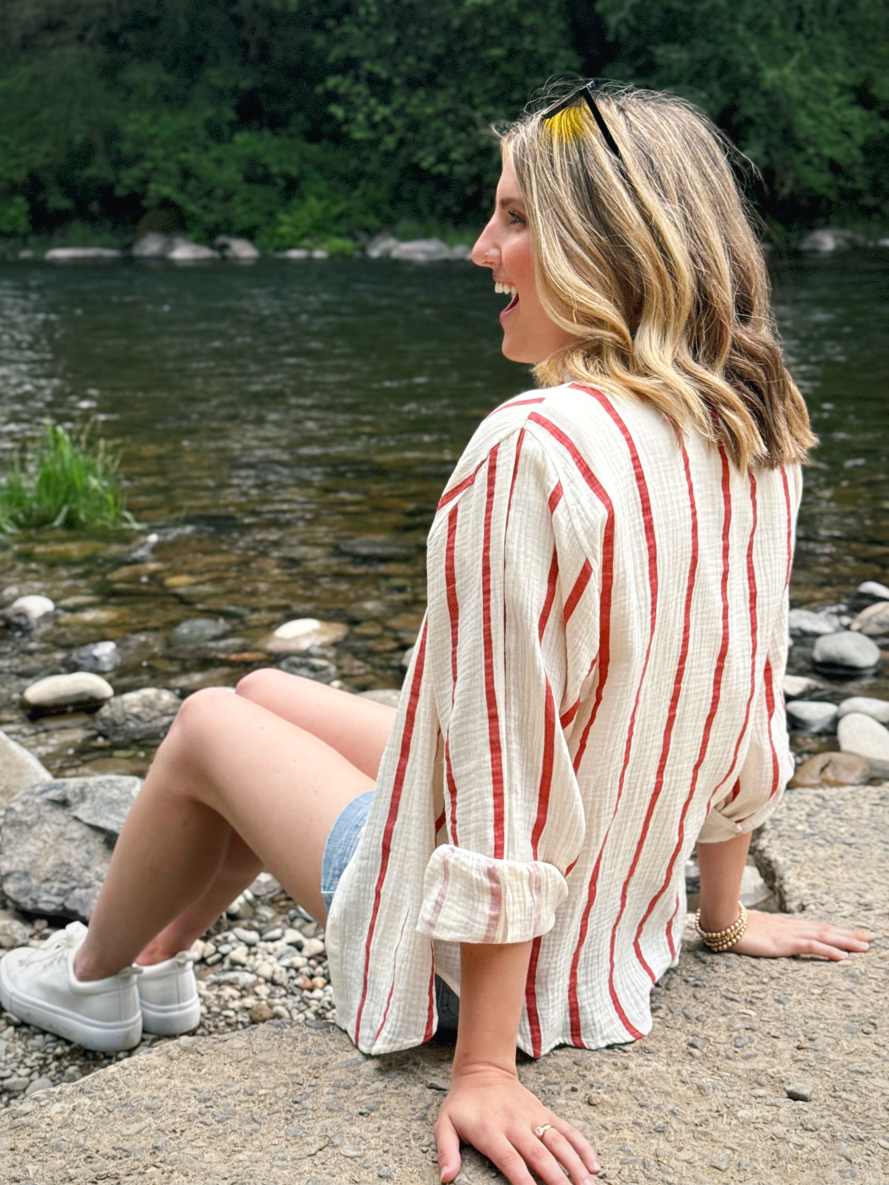 Sunshine Top - CREAM/RED STRIPE - willows clothing L/S SHIRT