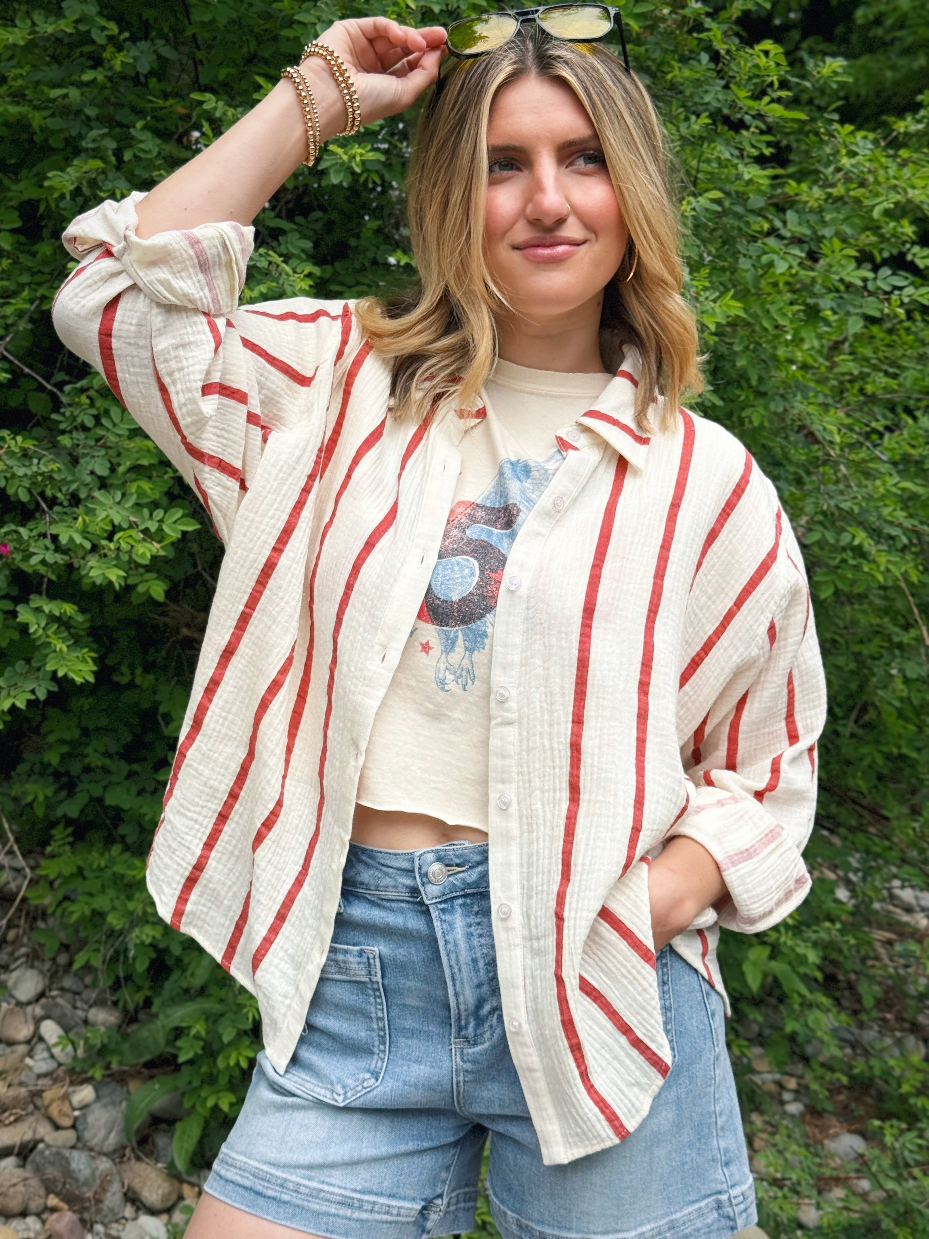 Sunshine Top - CREAM/RED STRIPE - willows clothing L/S SHIRT