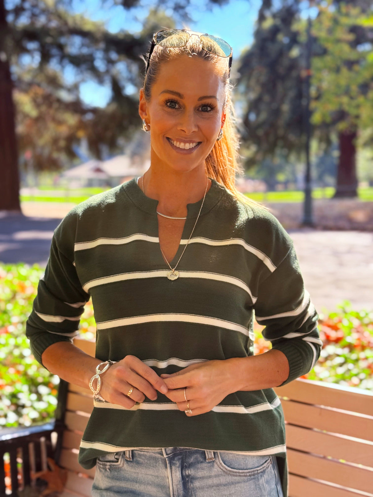 Varsity Stripe Sweater - DARK GREEN - willows clothing SWEATER