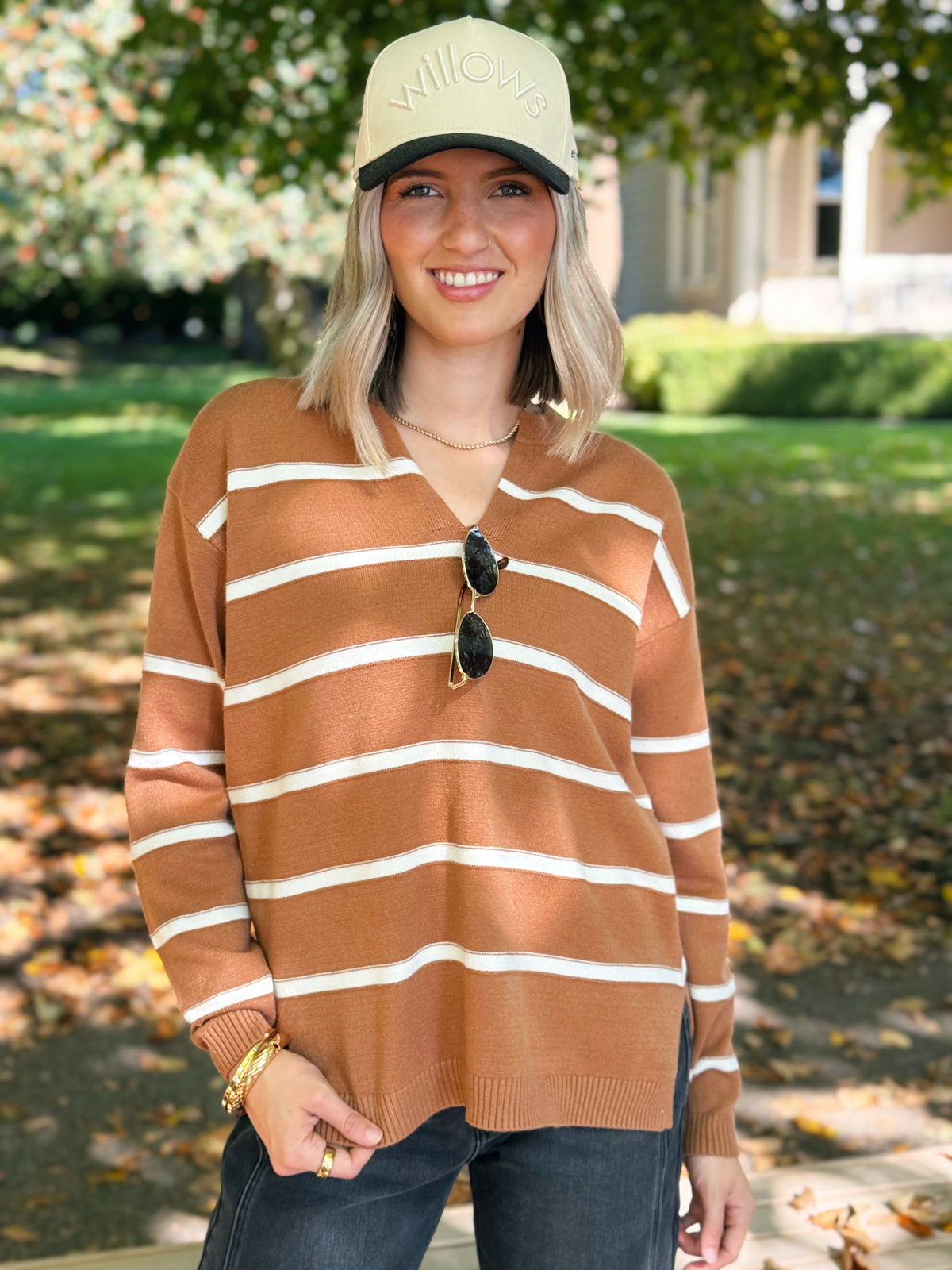 Varsity Stripe Sweater - DEEP CAMEL - willows clothing SWEATER