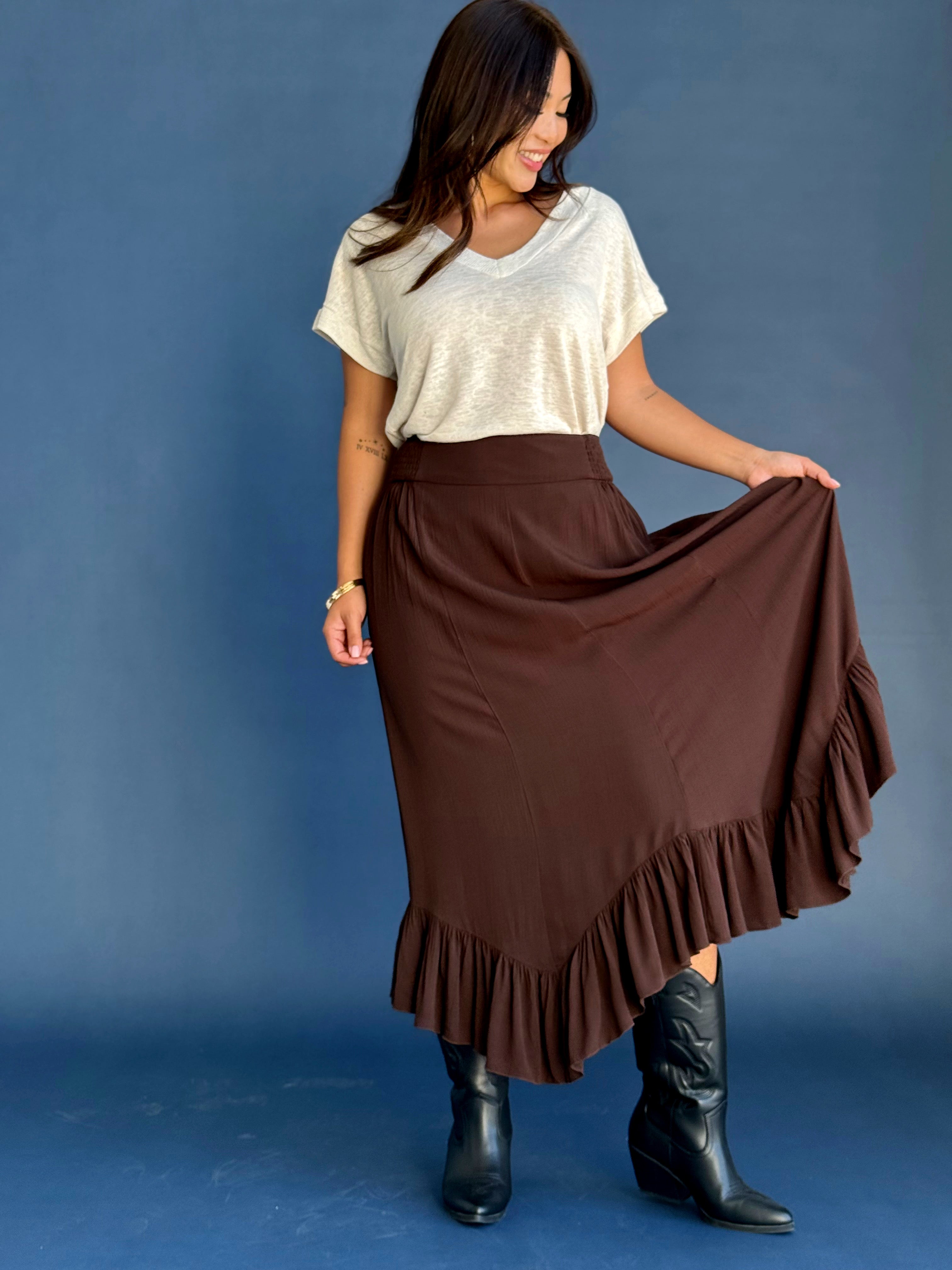 Wanderlust Skirt - CHOCOLATE BROWN - willows clothing MIDI SKIRT