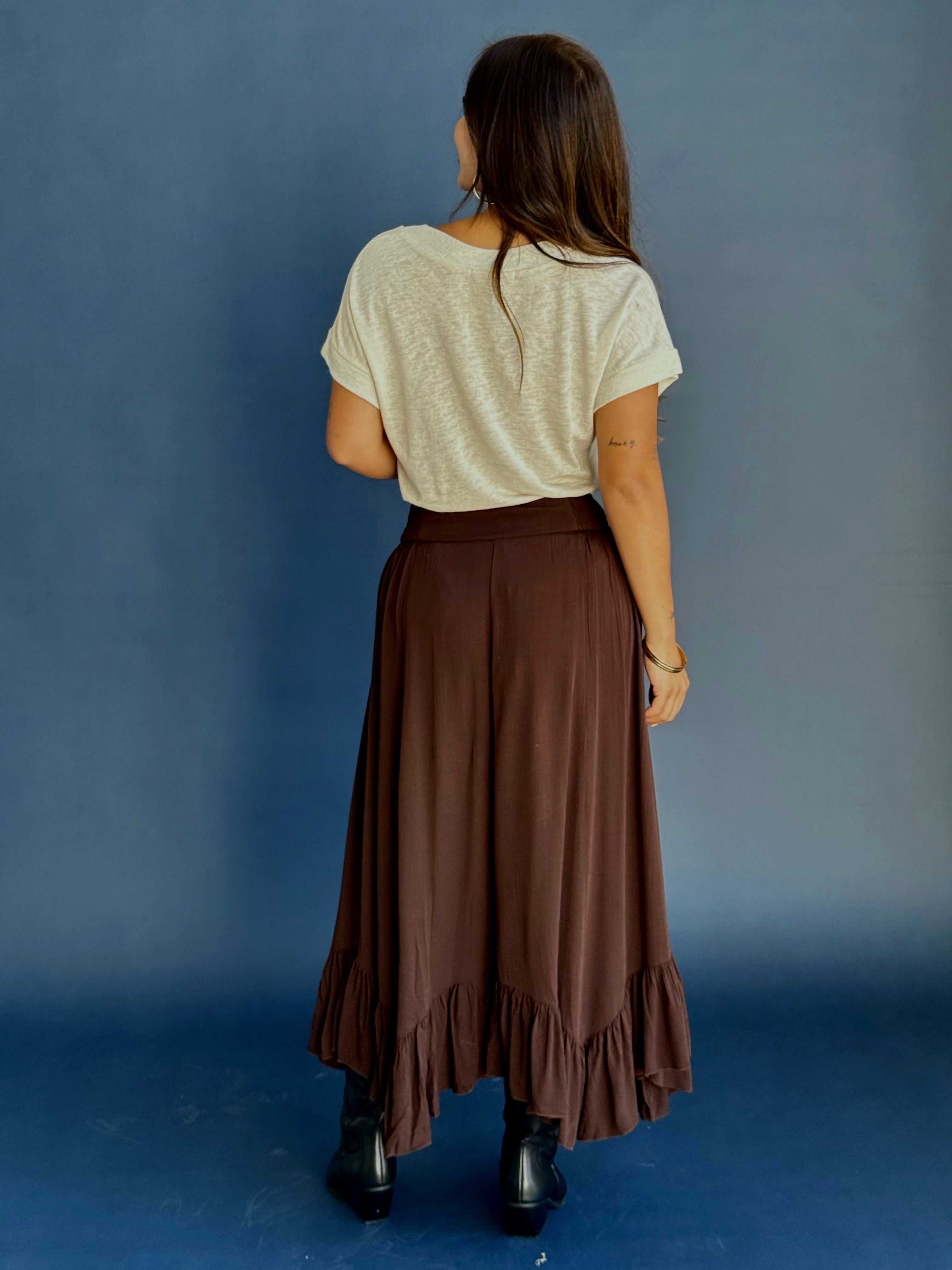 Wanderlust Skirt - CHOCOLATE BROWN - willows clothing MIDI SKIRT
