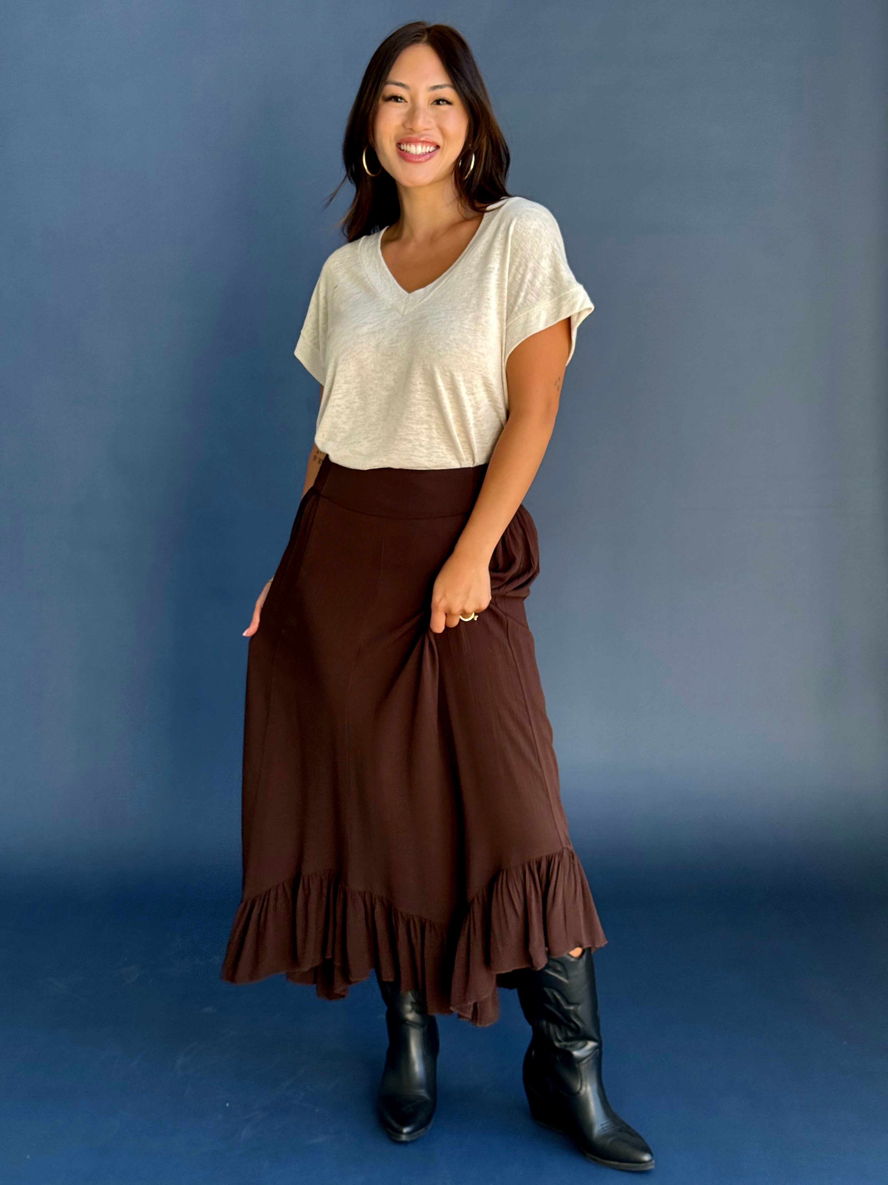 Wanderlust Skirt - CHOCOLATE BROWN - willows clothing MIDI SKIRT