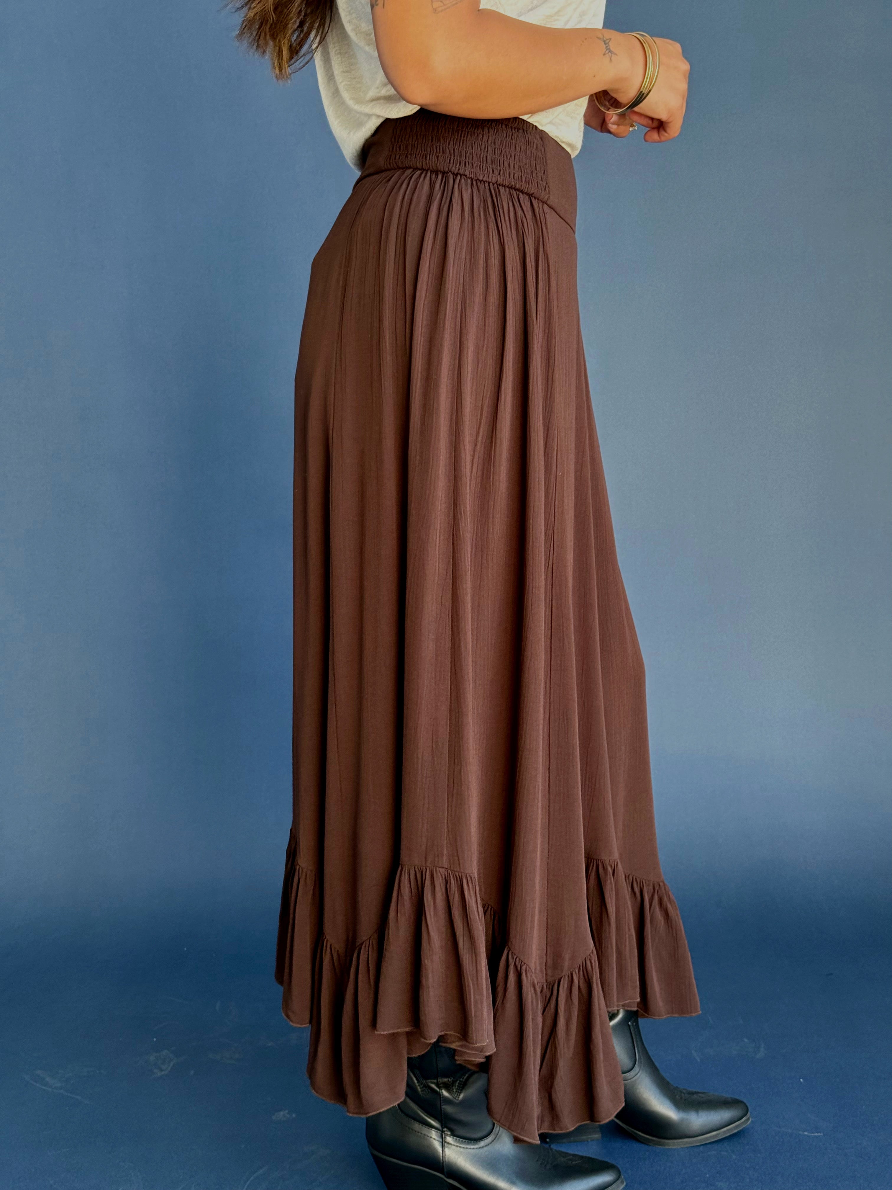 Wanderlust Skirt - CHOCOLATE BROWN - willows clothing MIDI SKIRT