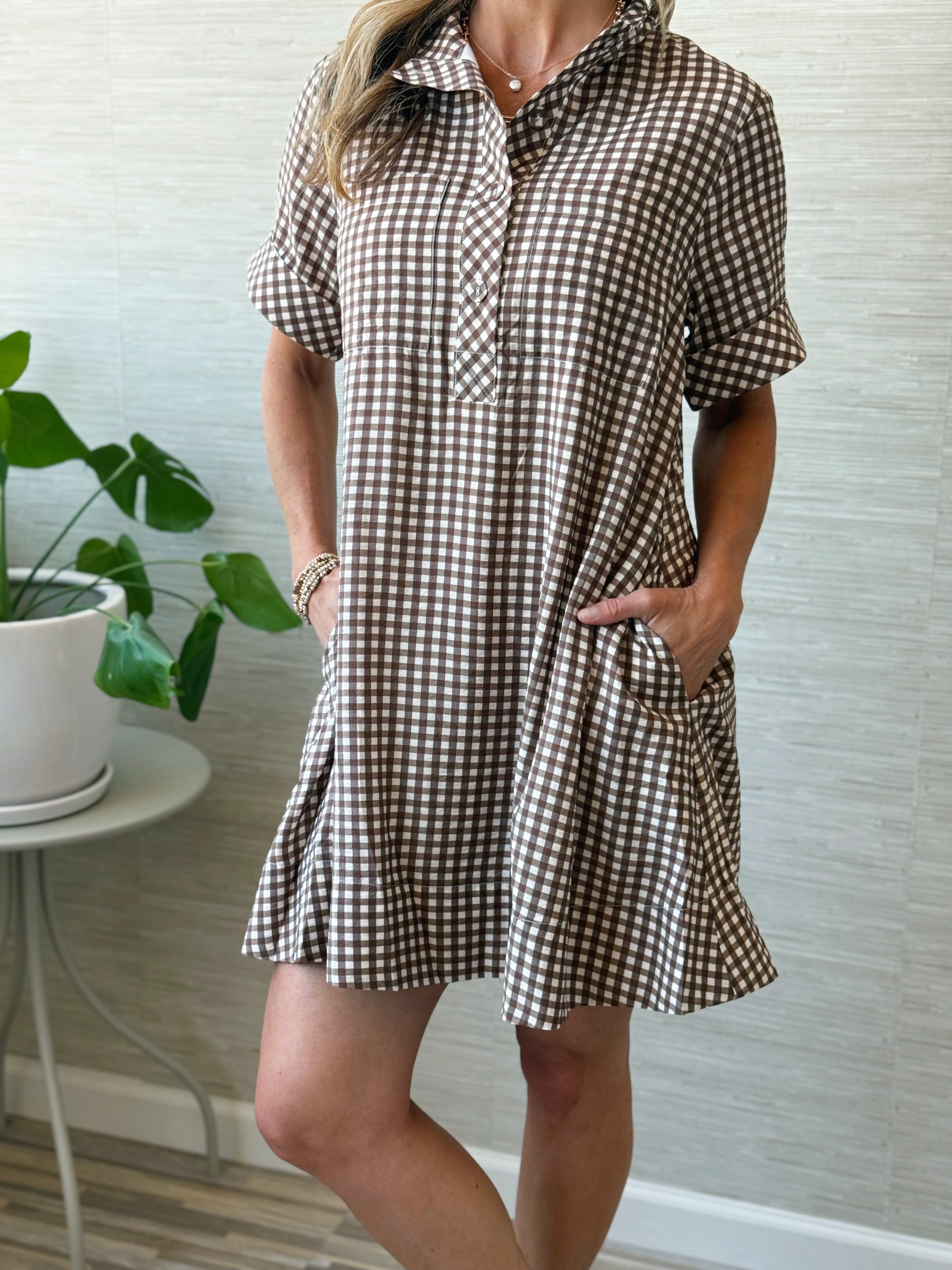Marceline Gingham Shirt Dress - BROWN