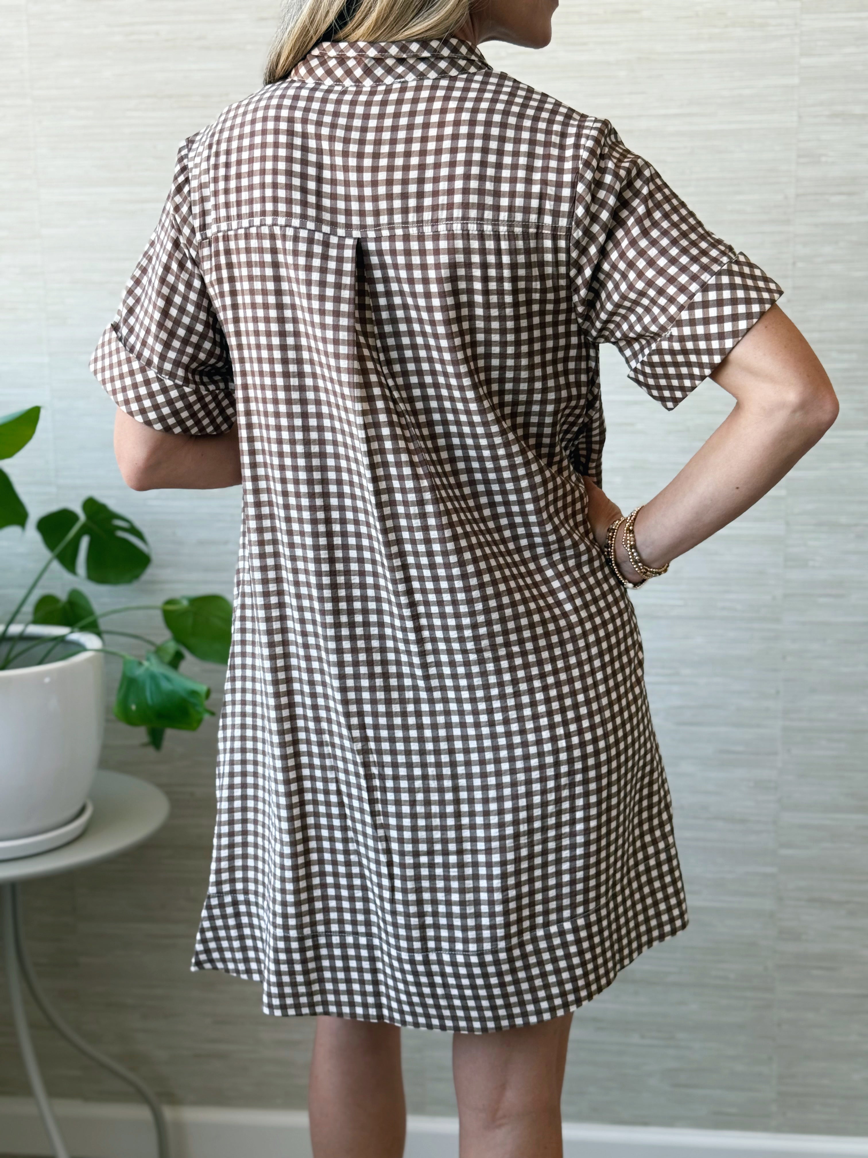 Marceline Gingham Shirt Dress - BROWN