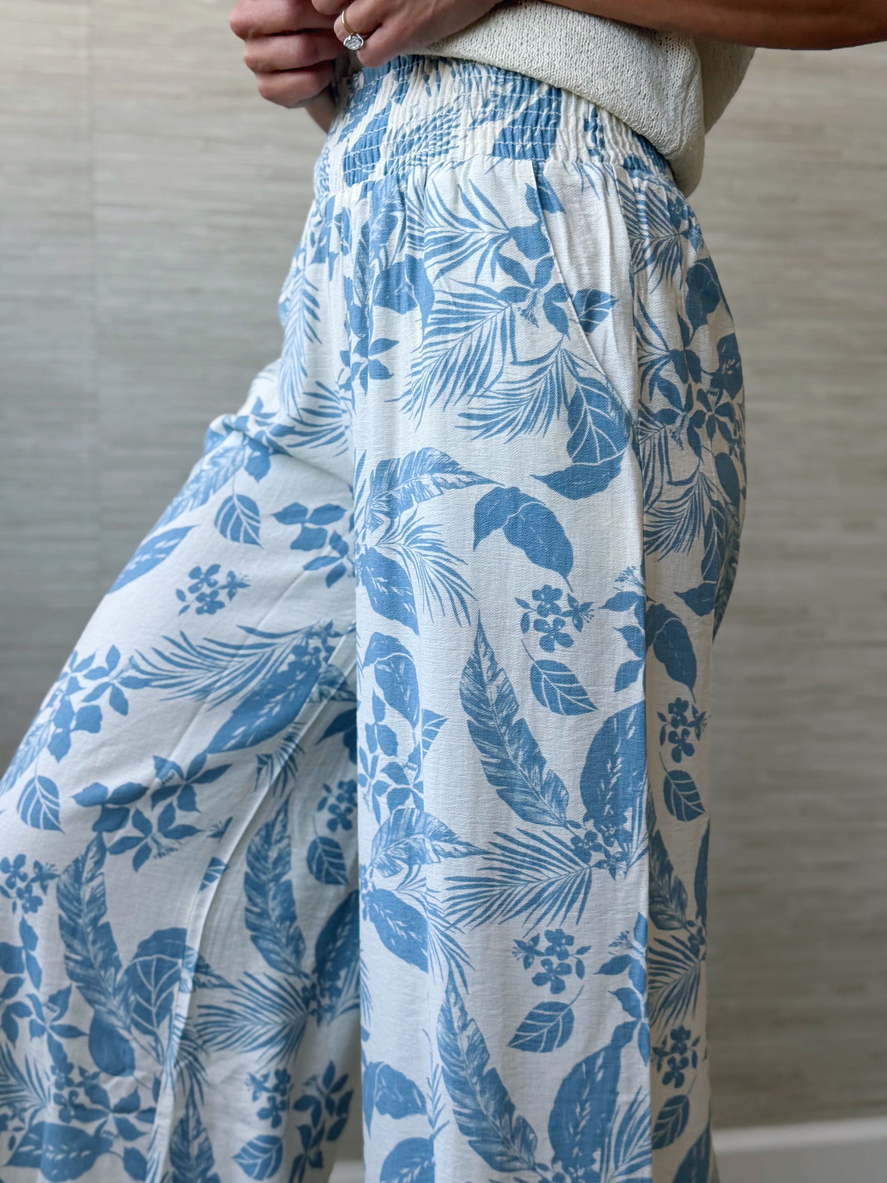 Printed Free Flowing Pants - IVORY/BLUE