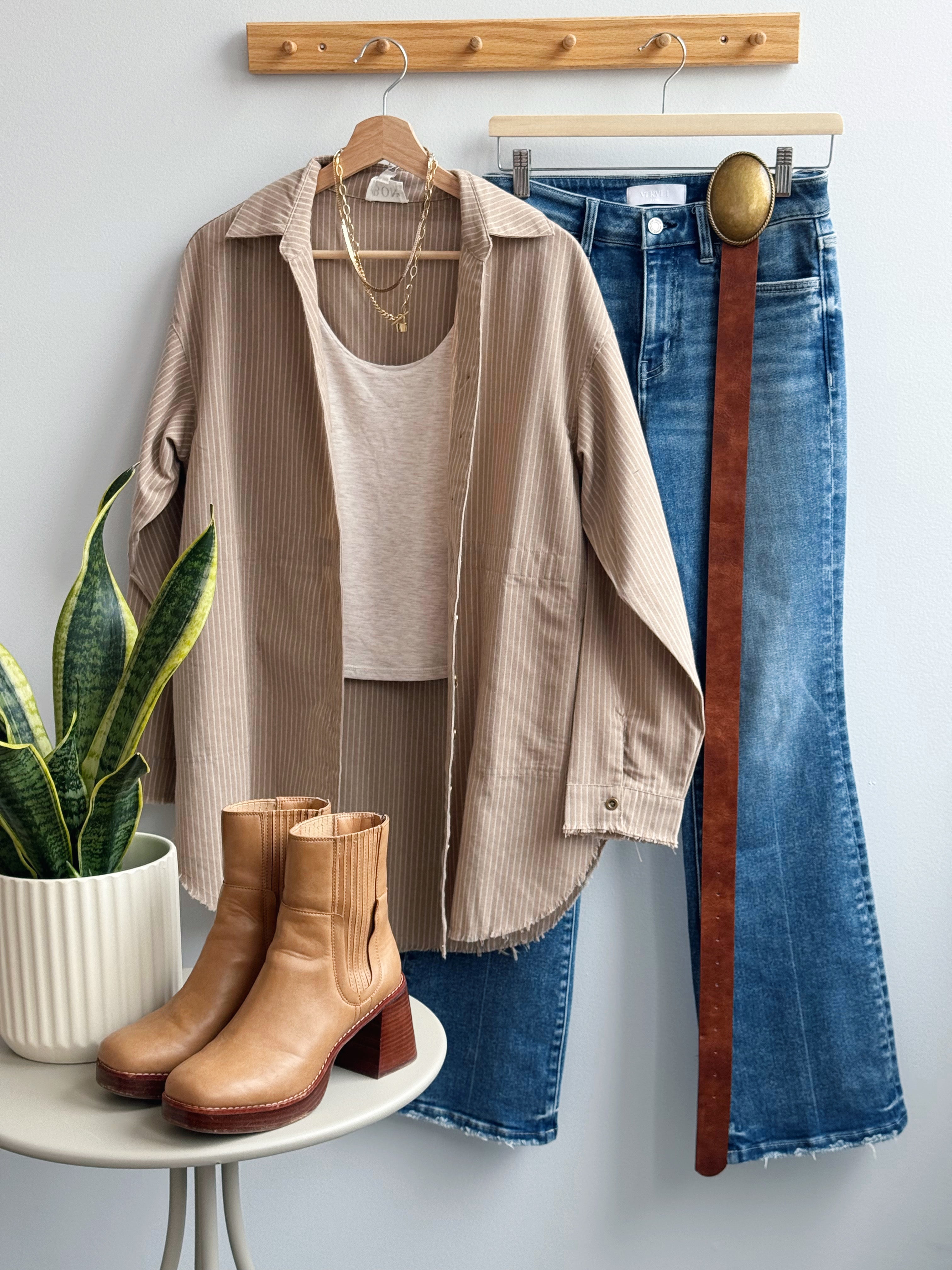 Coastal Cowgirl Stripe Shirt- TAUPE/OATMEAL