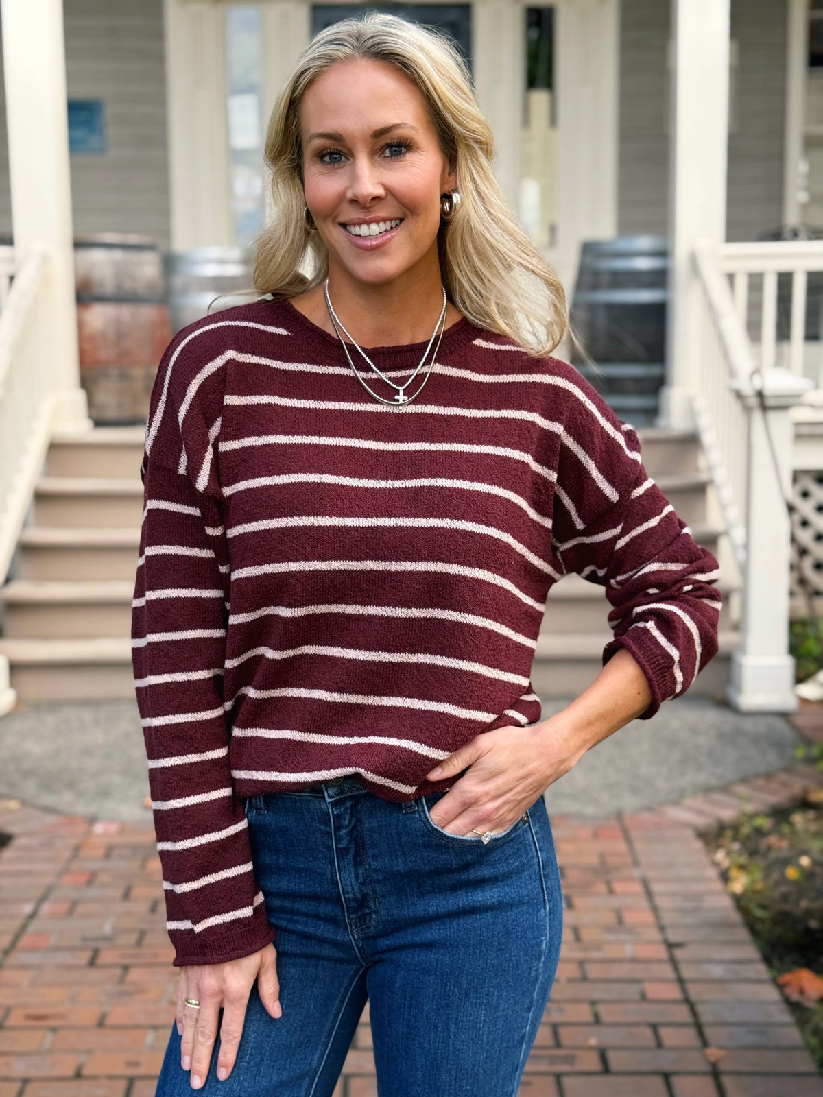 Year 29 Stripe Sweater - BURGUNDY
