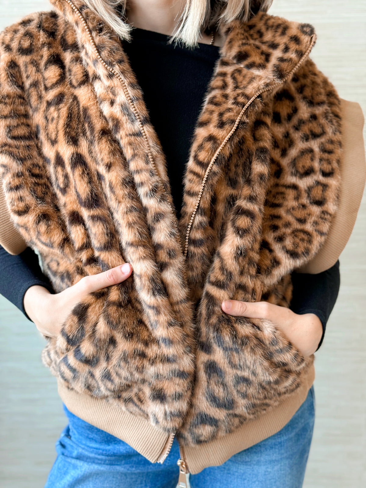 Leopard Faux Fur Vest - CAMEL