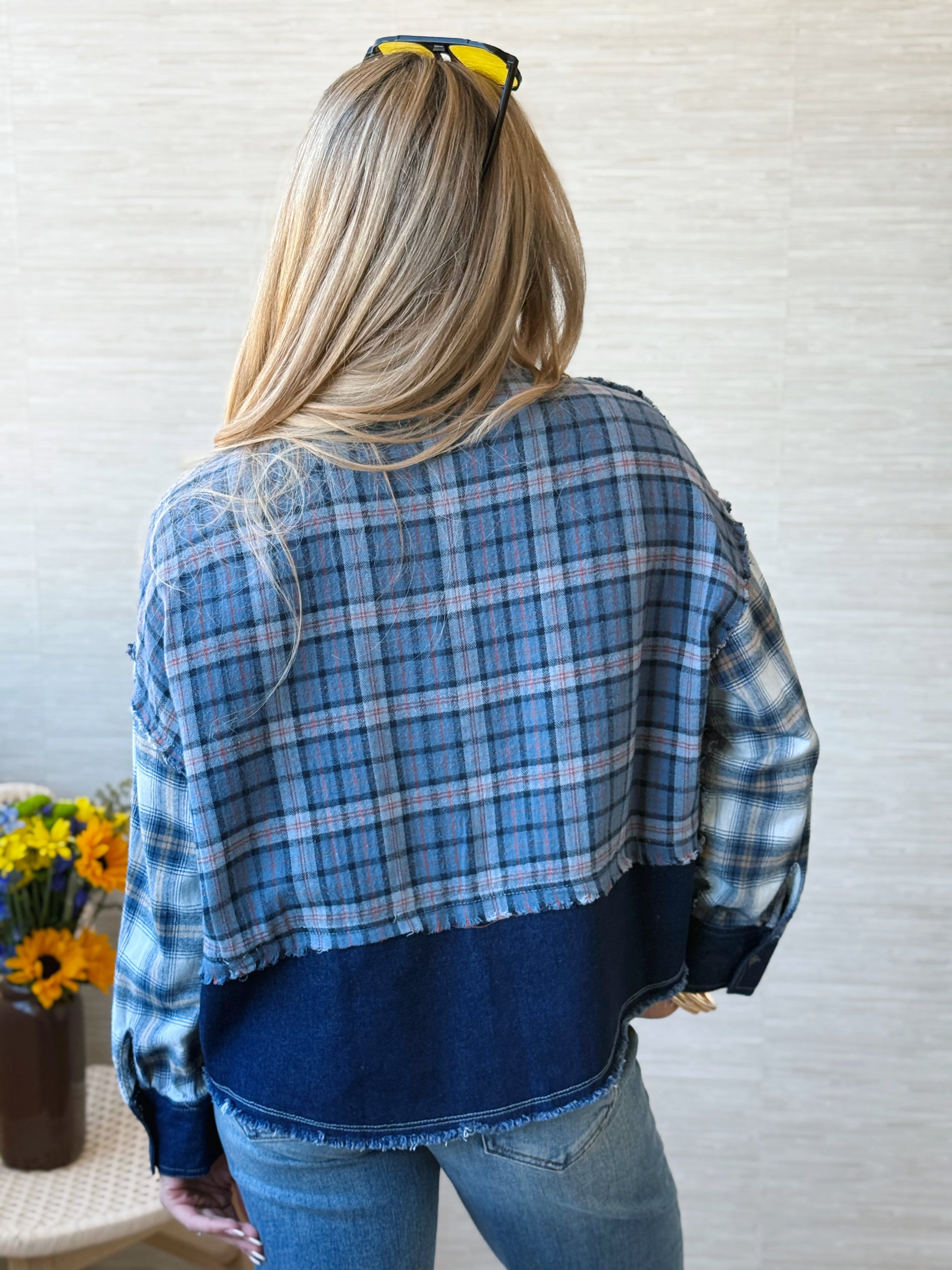 All Pieced Together Flannel Top - DENIM - willows clothing L/S SHIRT