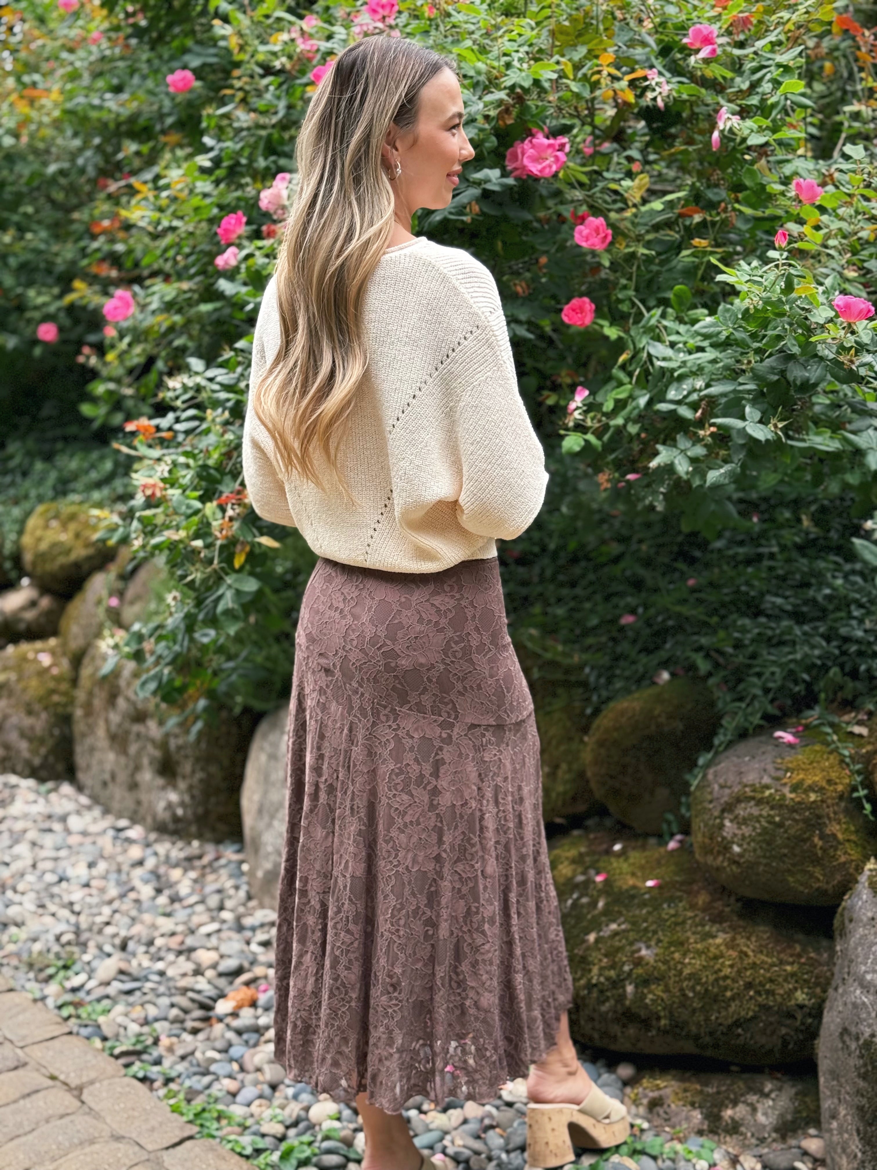 Almira Lace Skirt - CHOCOLATE BROWN - willows clothing long skirt