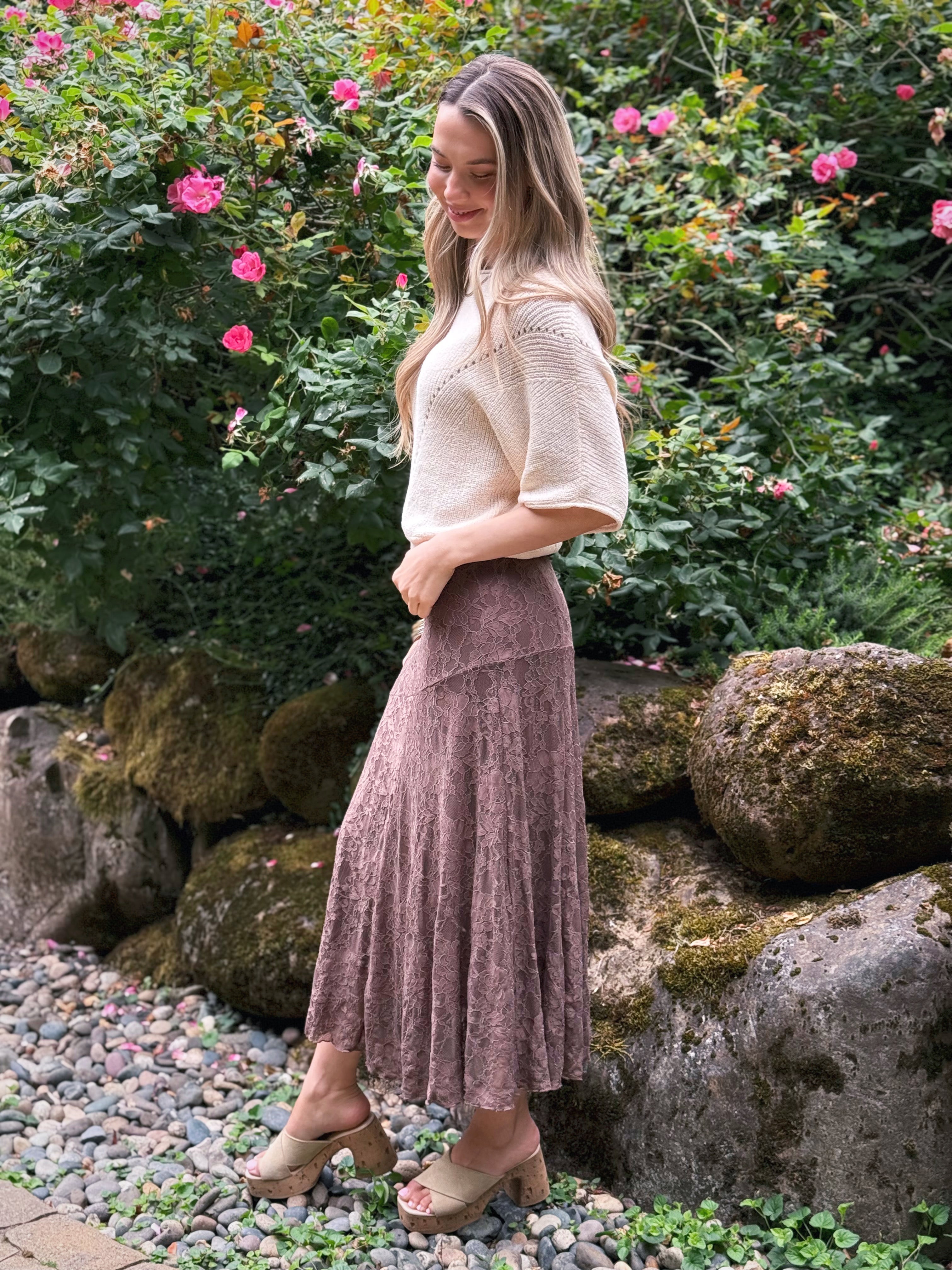 Almira Lace Skirt - CHOCOLATE BROWN - willows clothing long skirt