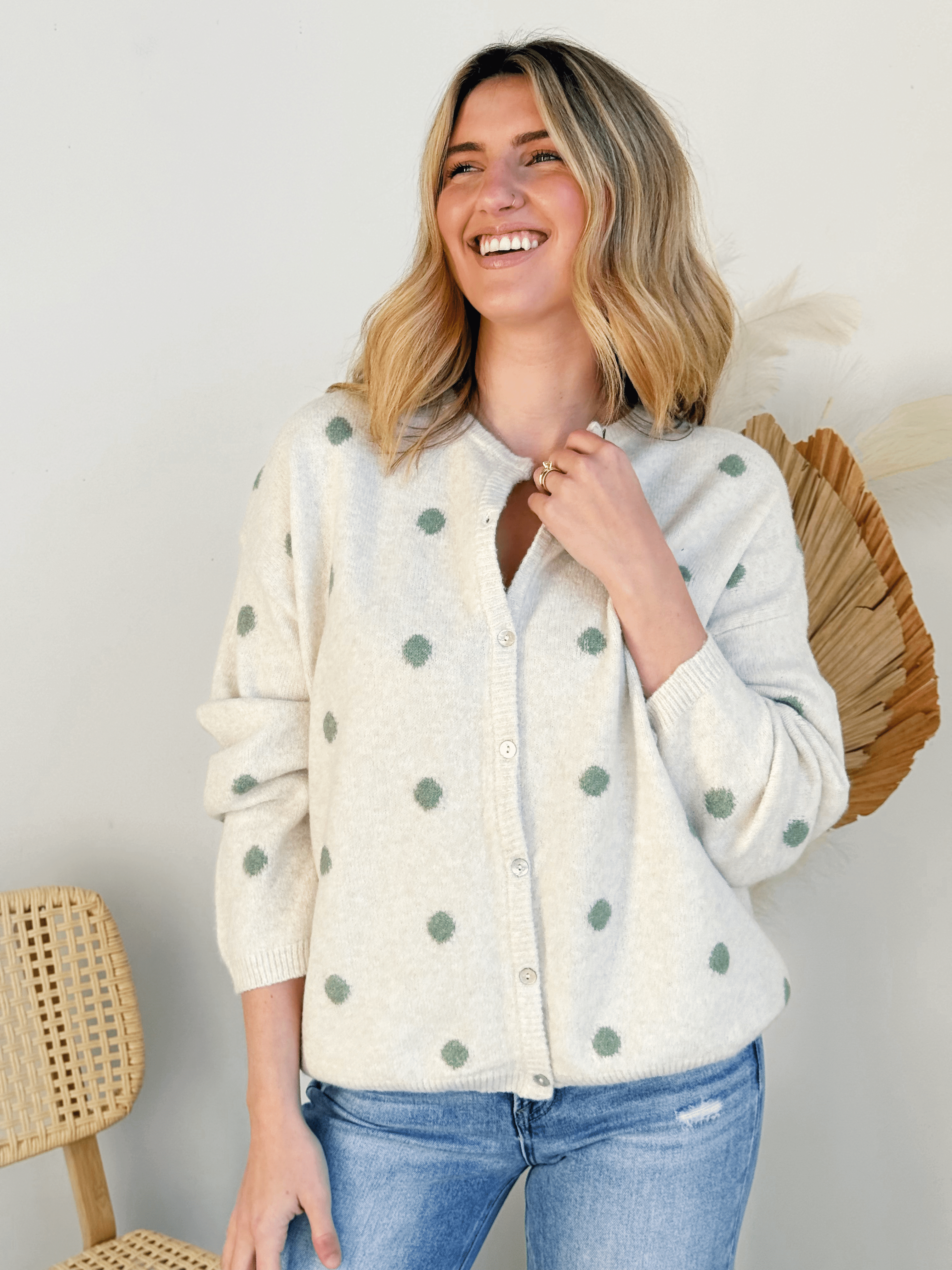 Ashley Polka Dot Cardigan - IVORY/SAGE - willows clothing Cardigan