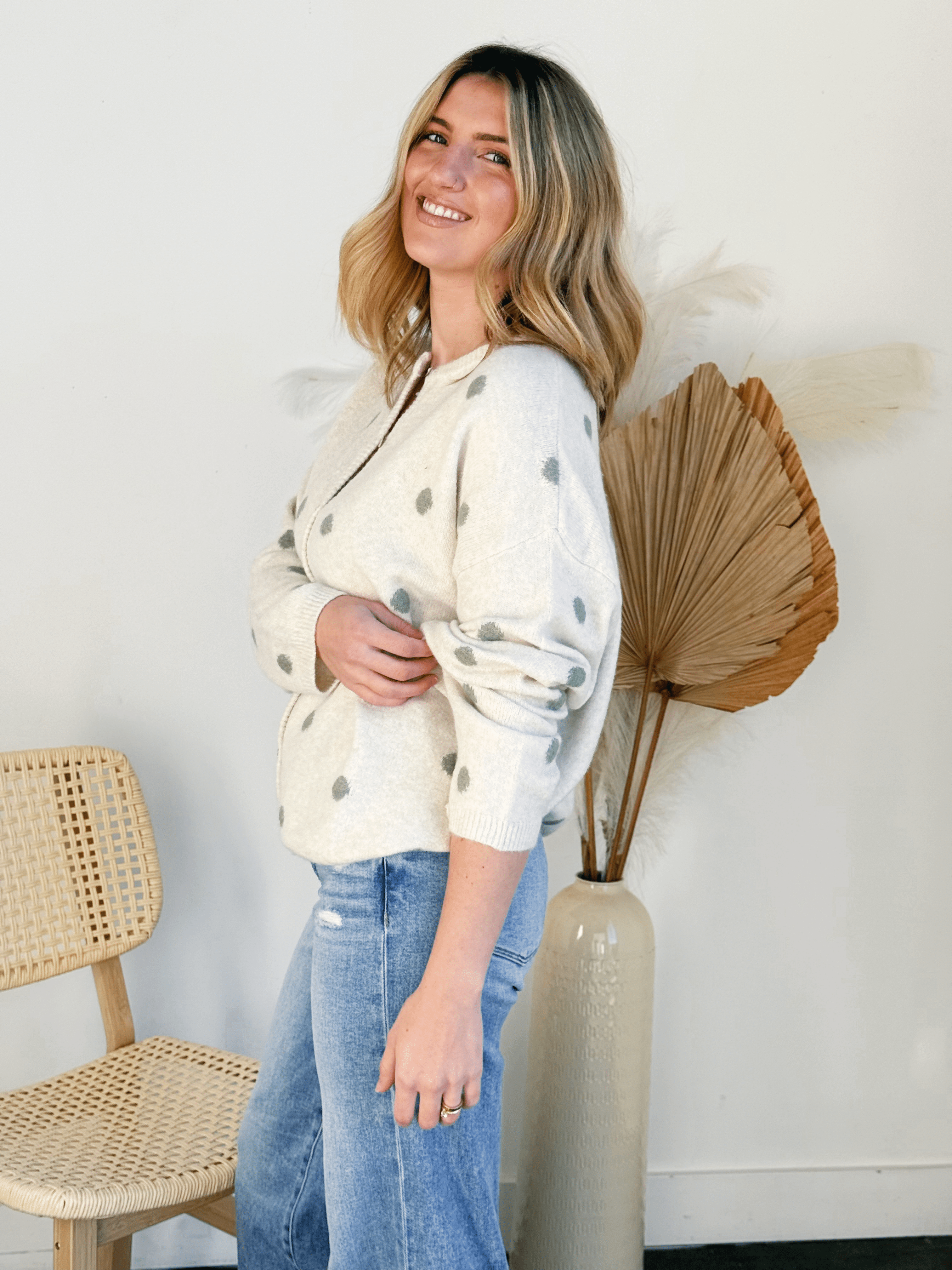 Ashley Polka Dot Cardigan - IVORY/SAGE - willows clothing Cardigan