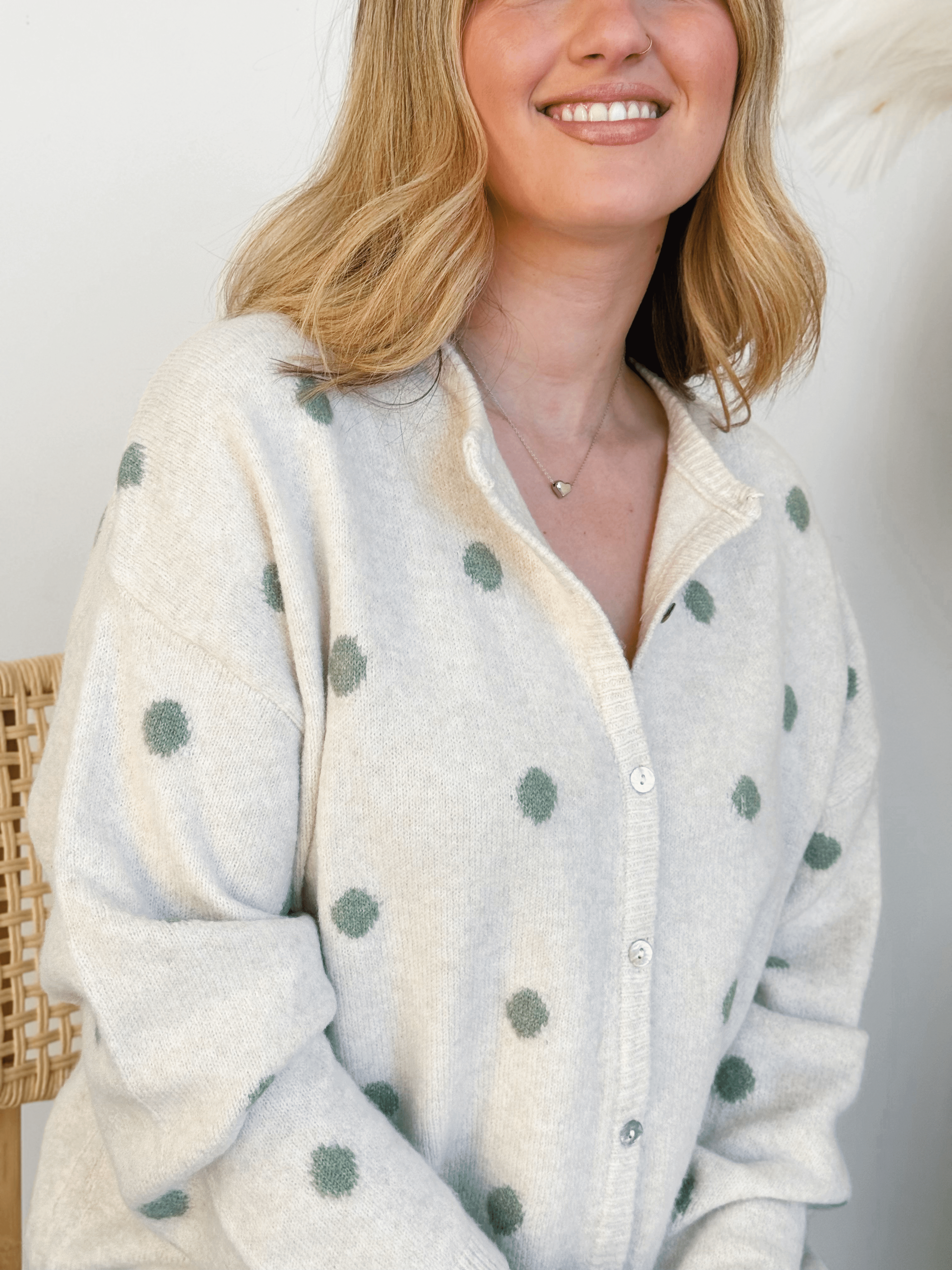 Ashley Polka Dot Cardigan - IVORY/SAGE - willows clothing Cardigan