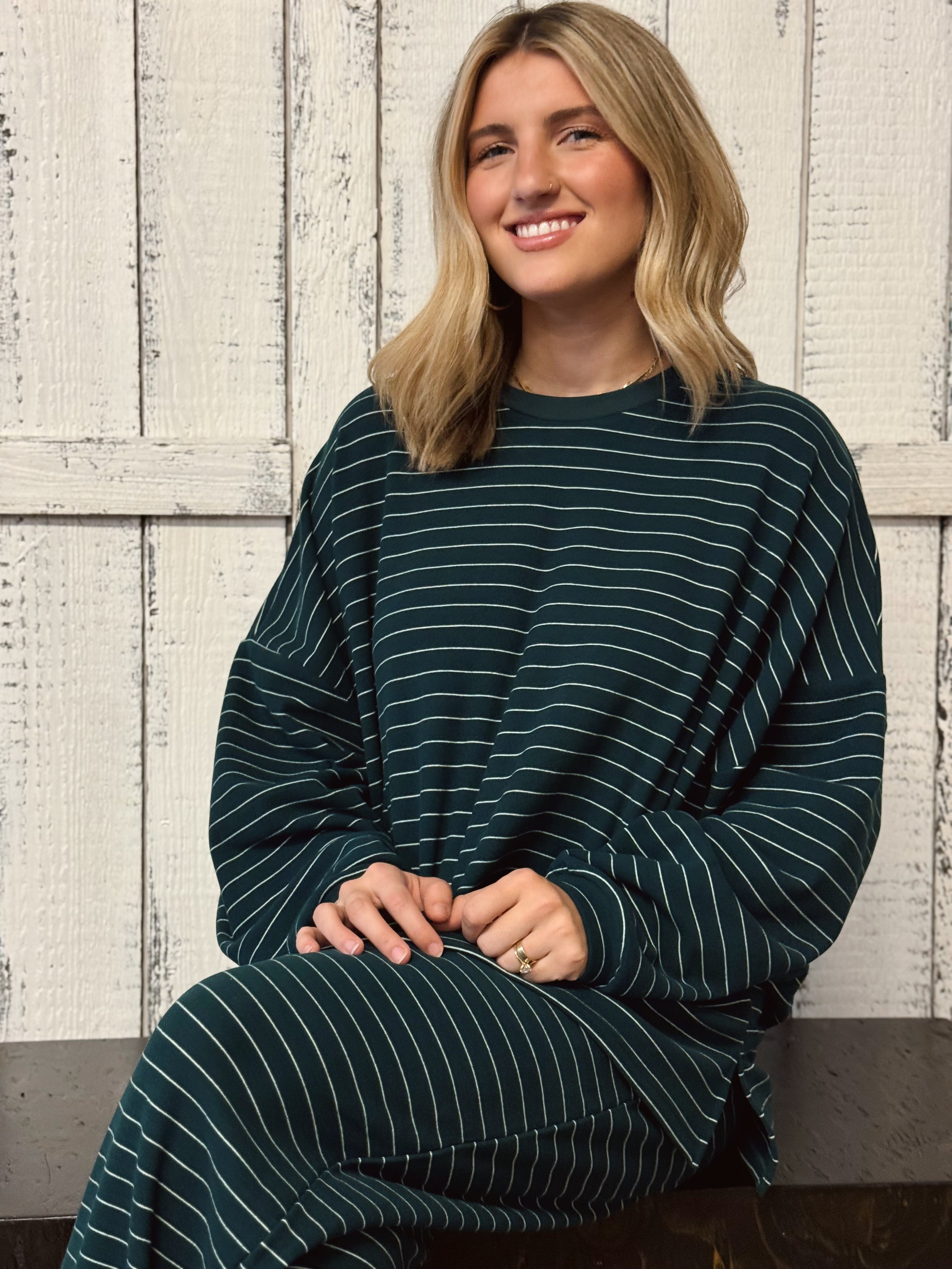 Cozy Stripe Sweatshirt - GREEN - willows clothing SWEATSHIRT