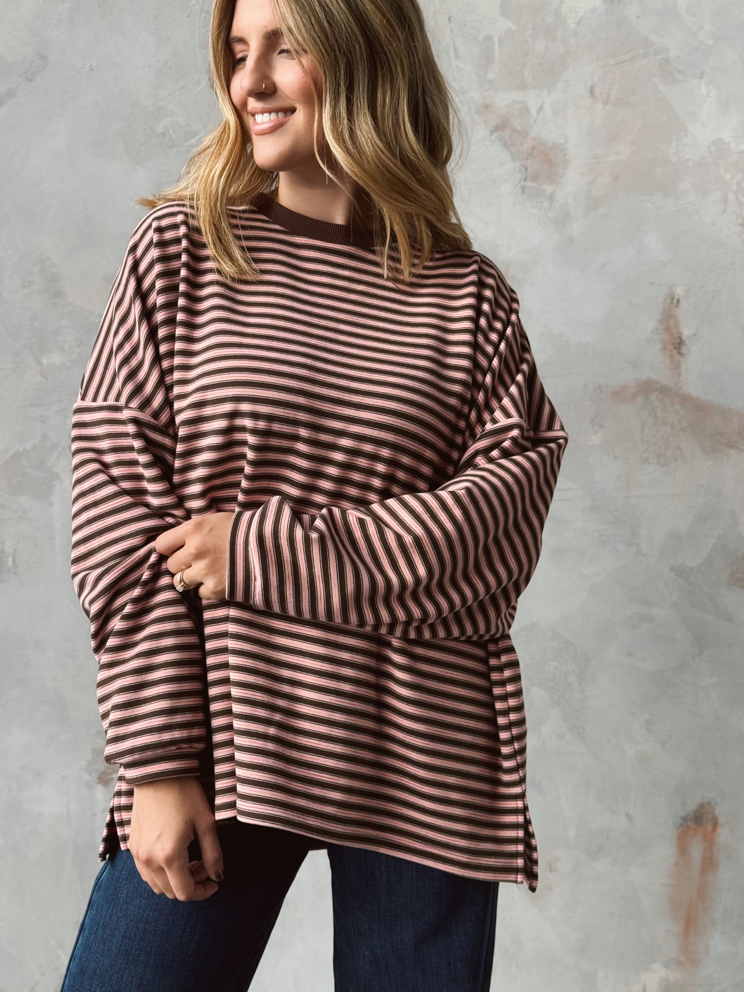 Cozy Stripe Sweatshirt - PINK - willows clothing SWEATSHIRT