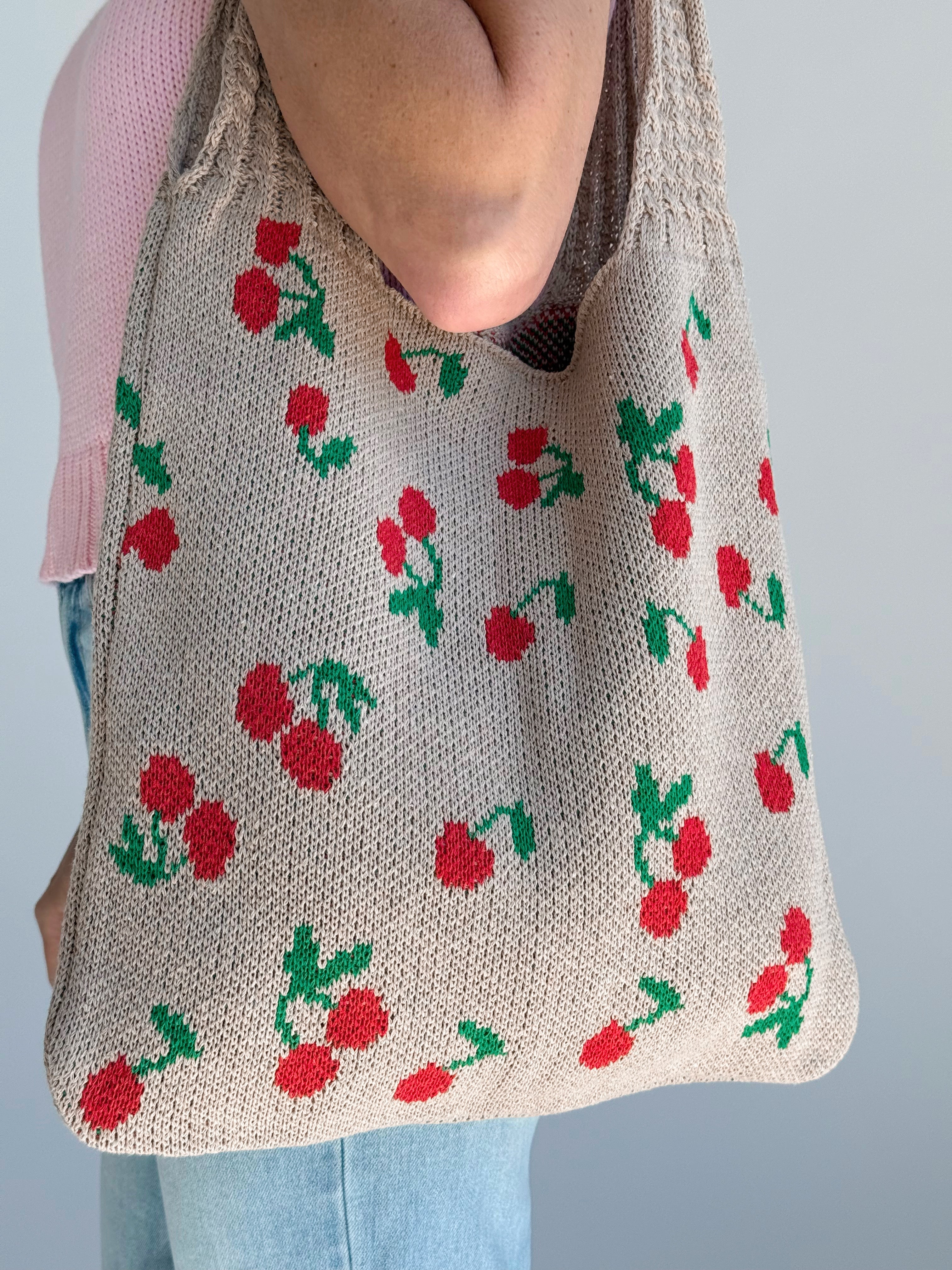 Crochet Cherry Tote - ASH MOCHA - willows clothing TOTE