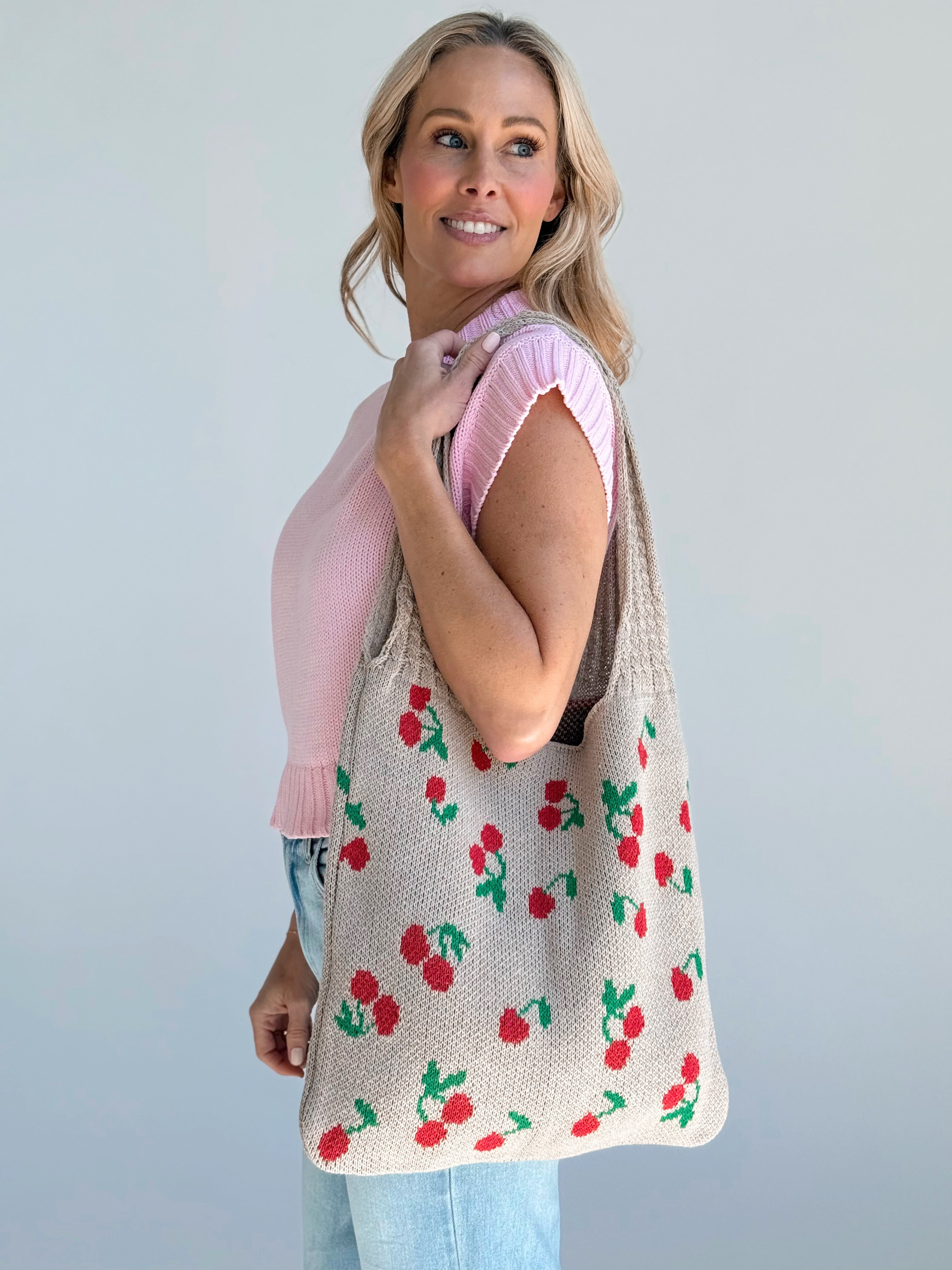 Crochet Cherry Tote - ASH MOCHA - willows clothing TOTE
