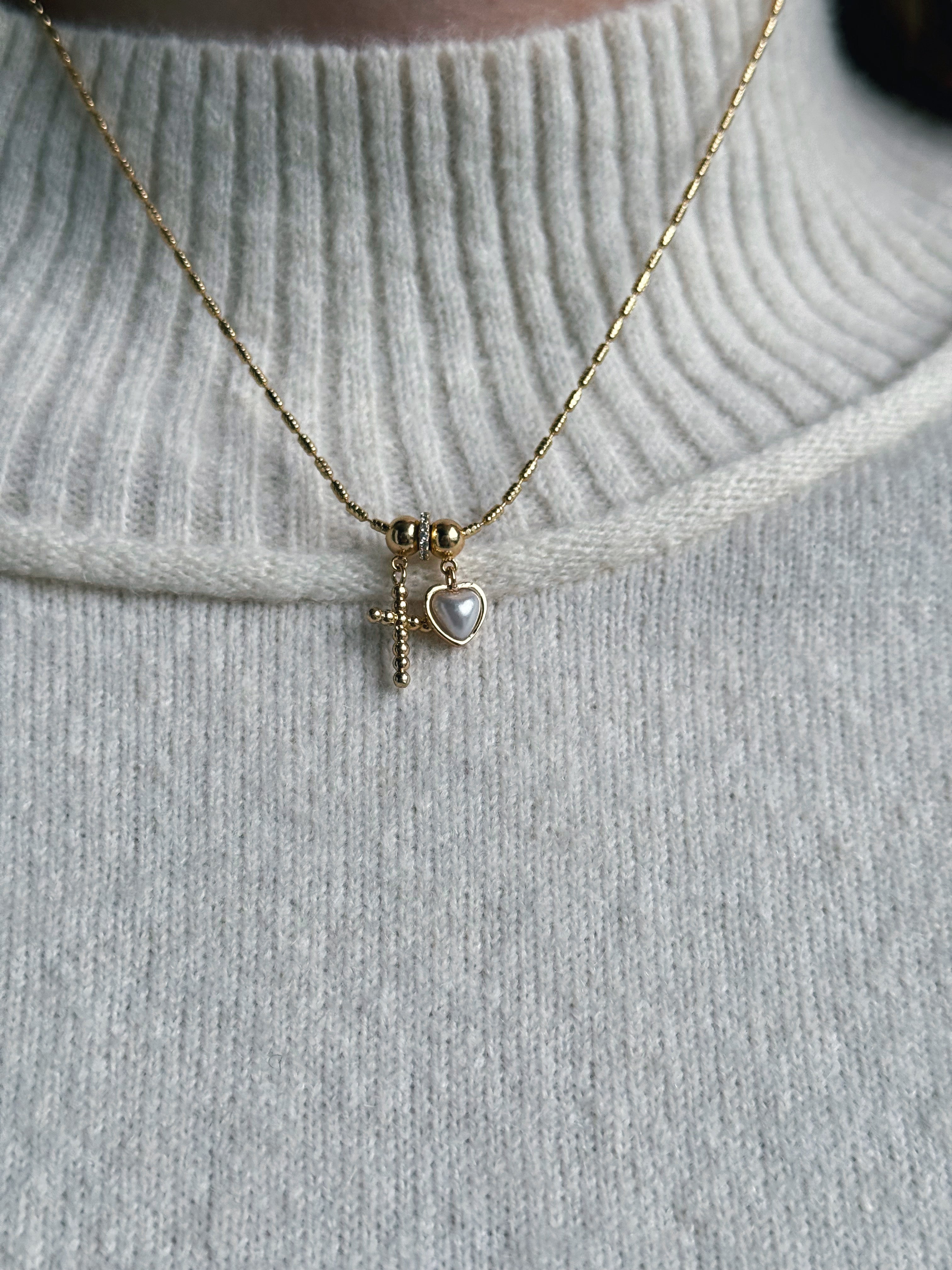 Dainty Cross Pearl Necklace - GOLD CREAM - willows clothing NECKLACE