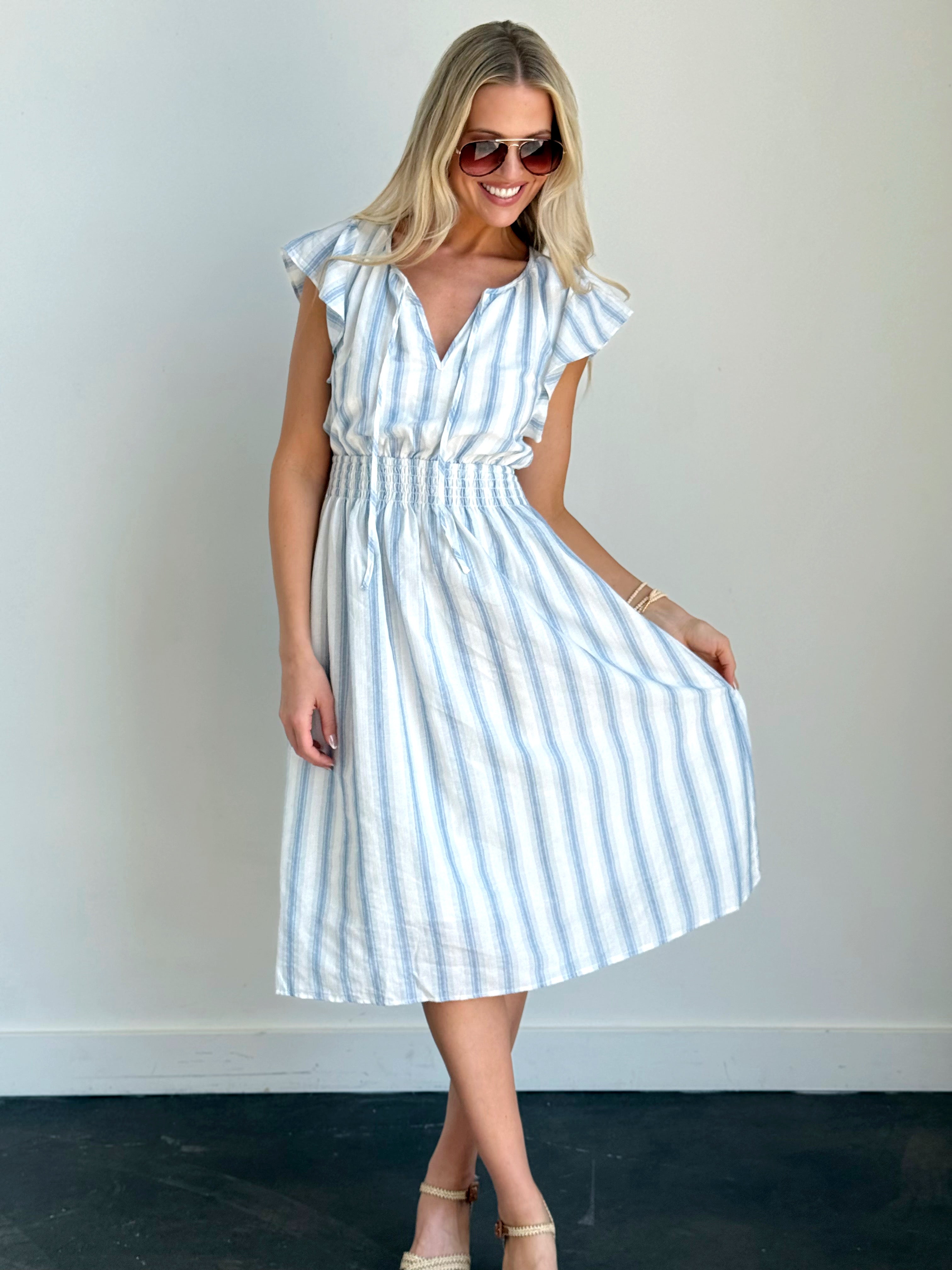 Do - Si - Do Dress - WHITE/DUSTY BLUE - willows clothing MIDI DRESS