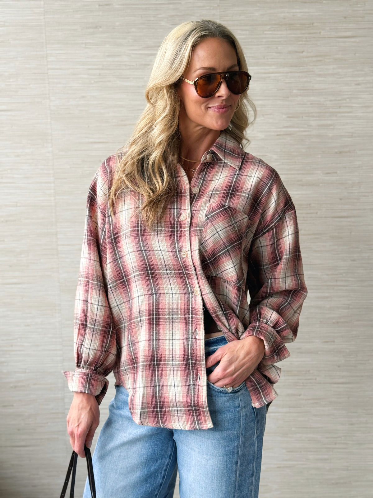 Fall Around Town Flannel - PINK/BROWN - willows clothing L/S SHIRT