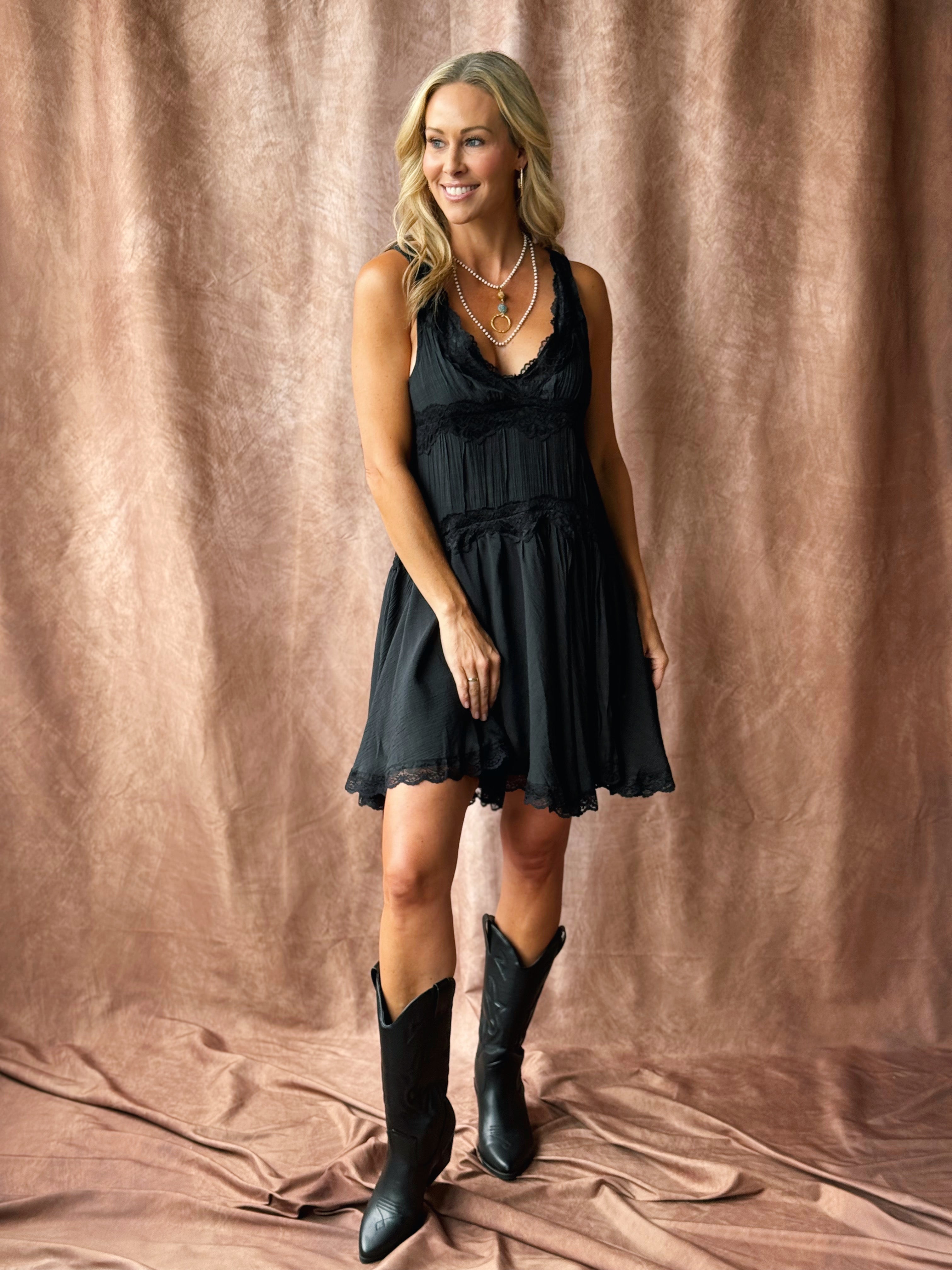 Fallen Leaves Dress - BLACK - willows clothing SHORT DRESS