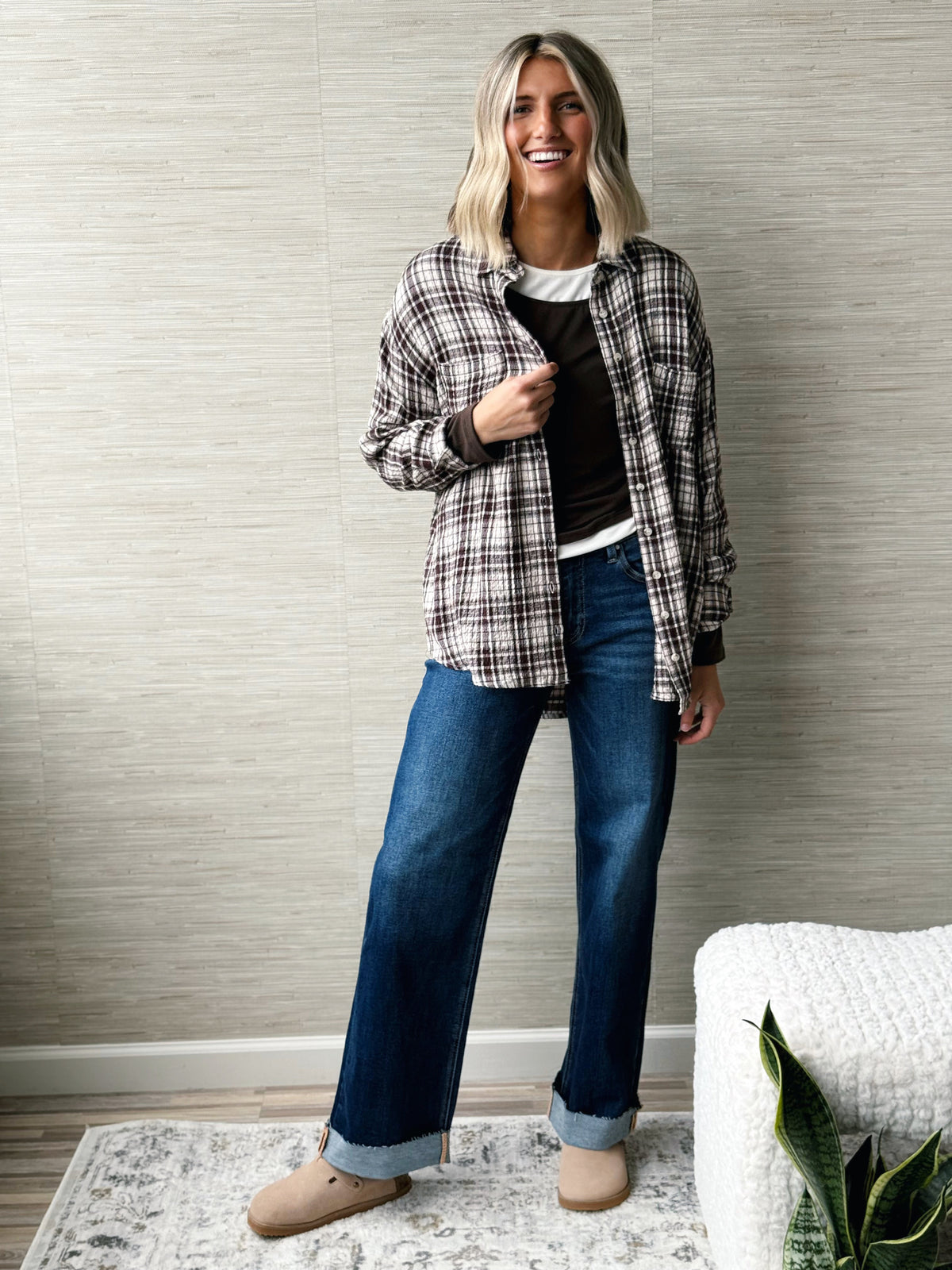 Gia Plaid Top - BROWN/ BEIGE - willows clothing L/S SHIRT