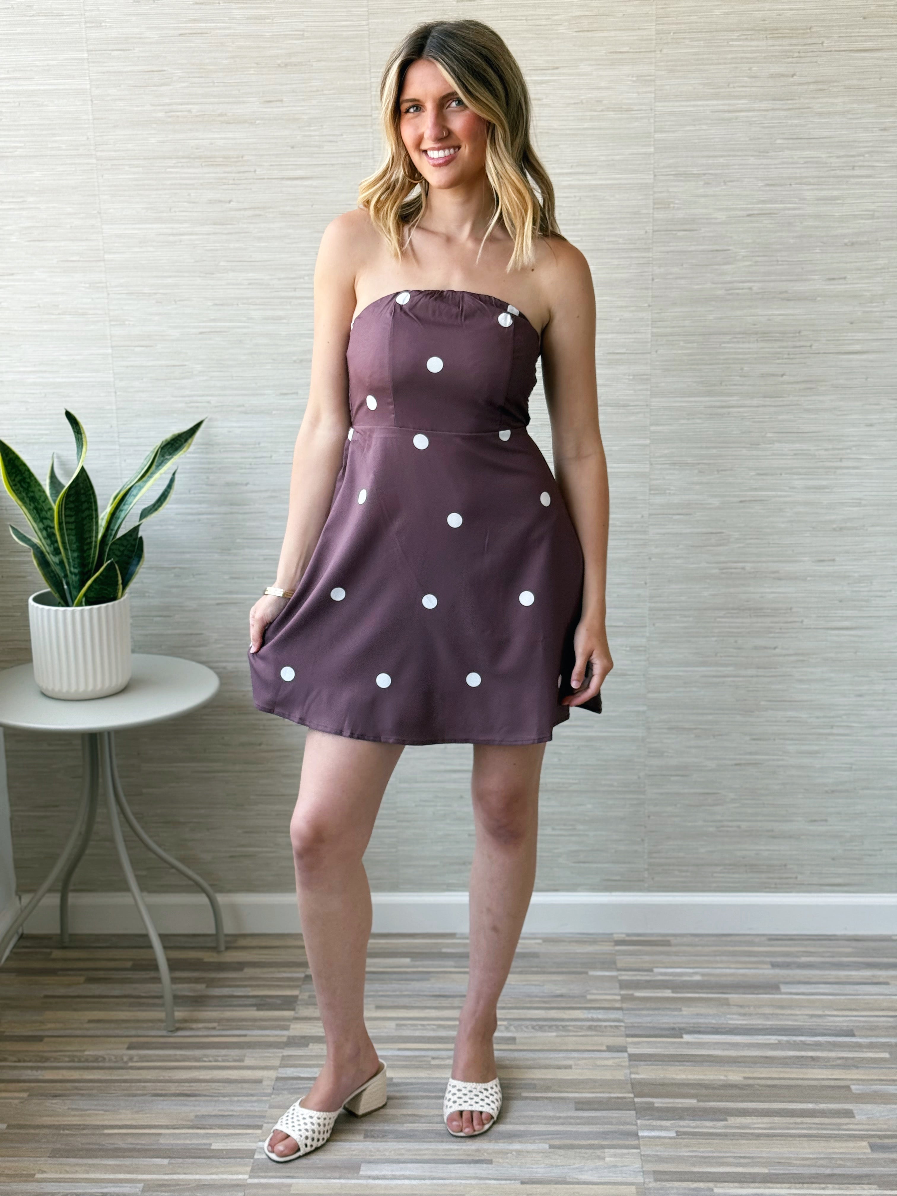 Gigi Polka Dot Mini Dress - BROWN - willows clothing Short Dress