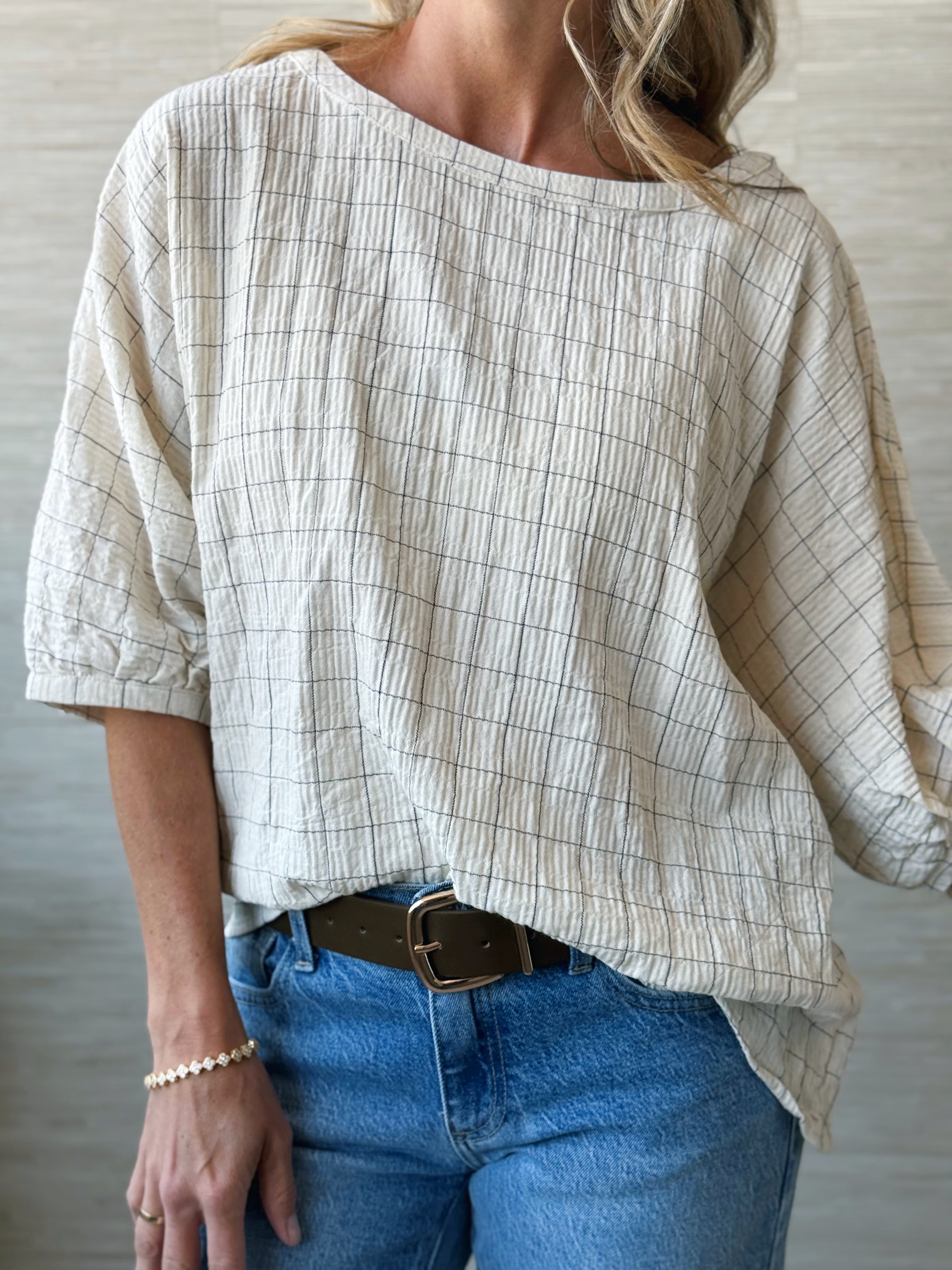 Grid Cotton Blouse - CREAM - willows clothing BLOUSE