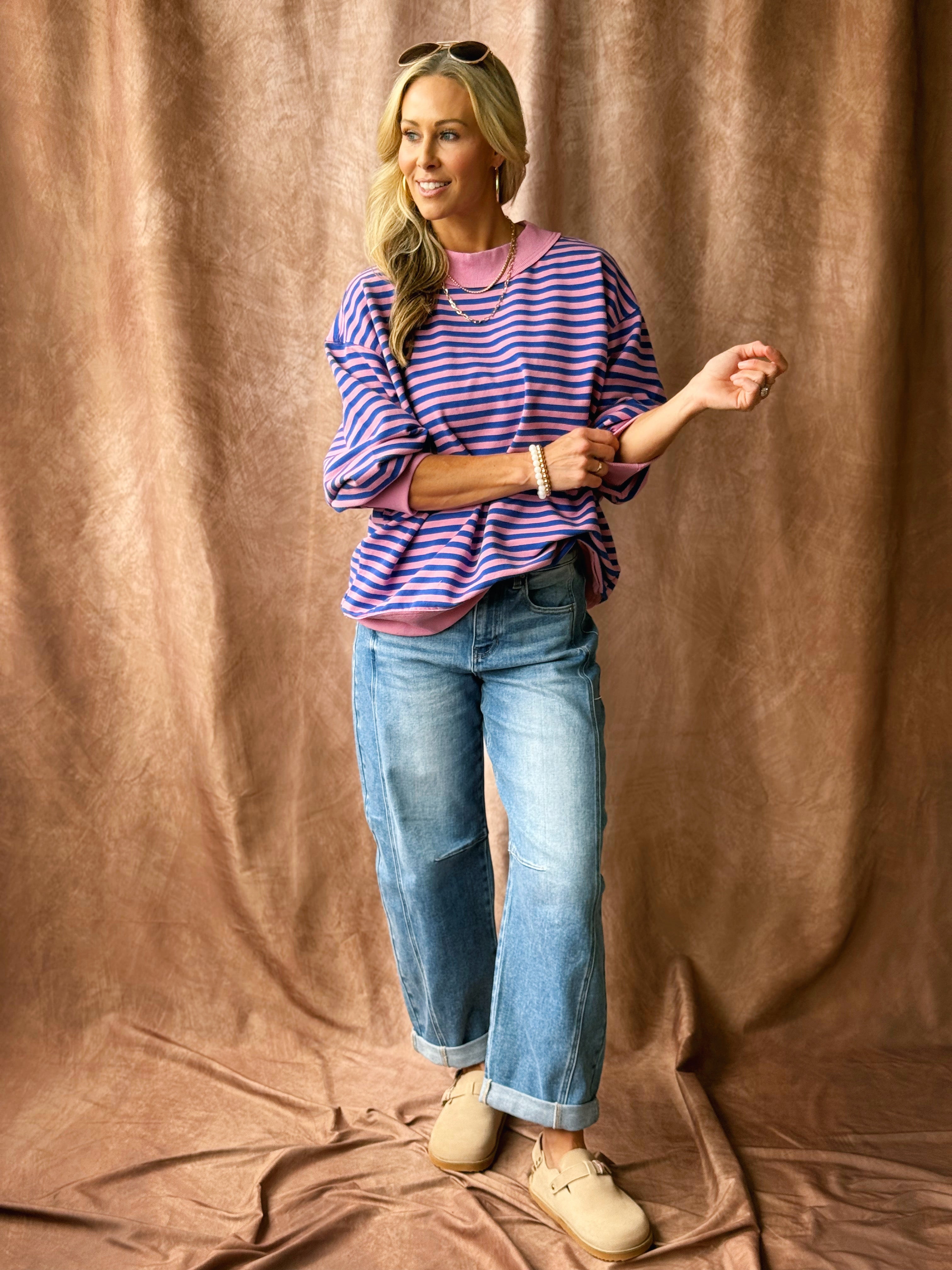 Happy Stripe Pullover - PINK/ROYAL - willows clothing SWEATSHIRT