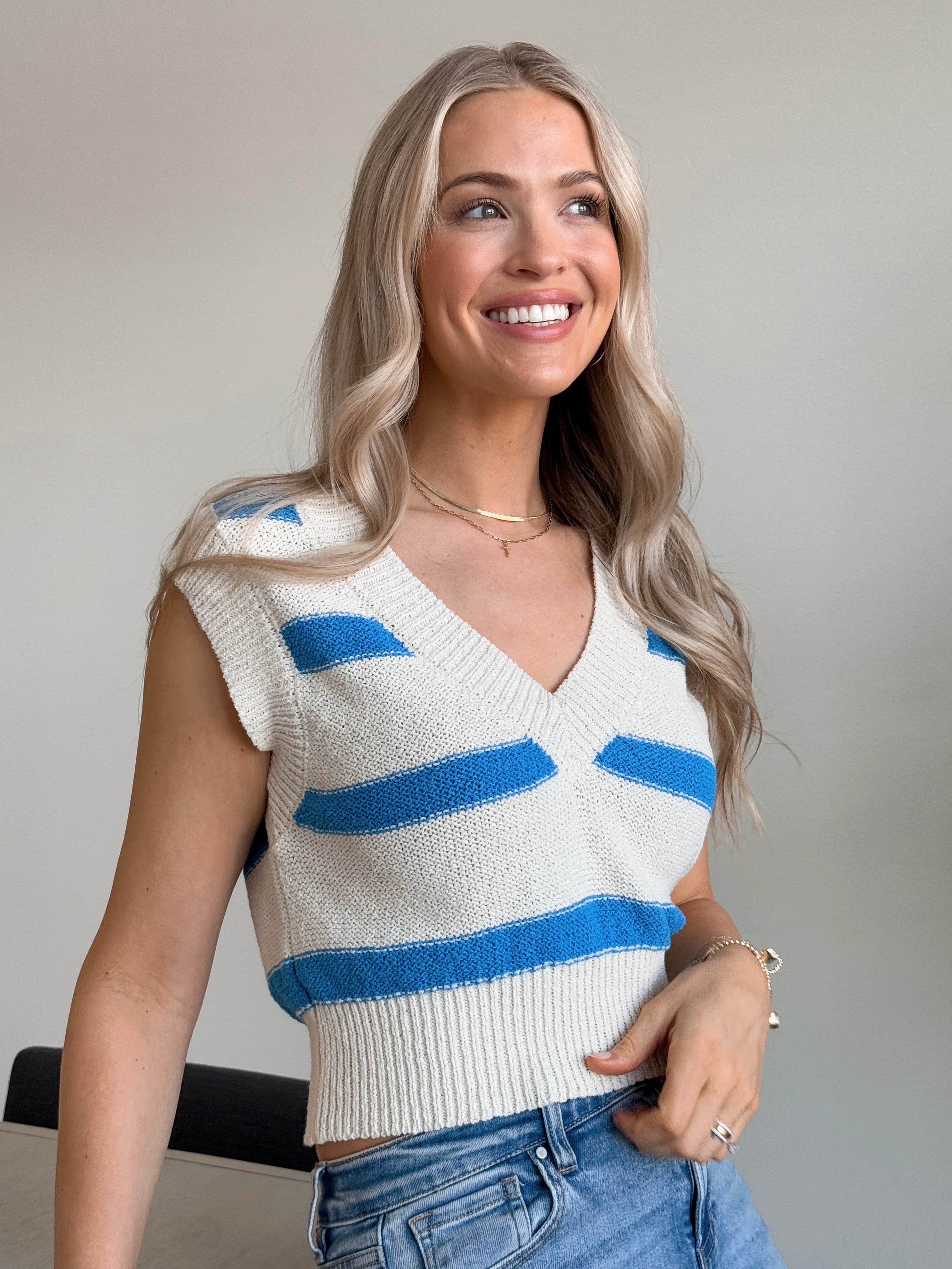 Holland Sweater Vest - BLUE/CREAM - willows clothing VEST