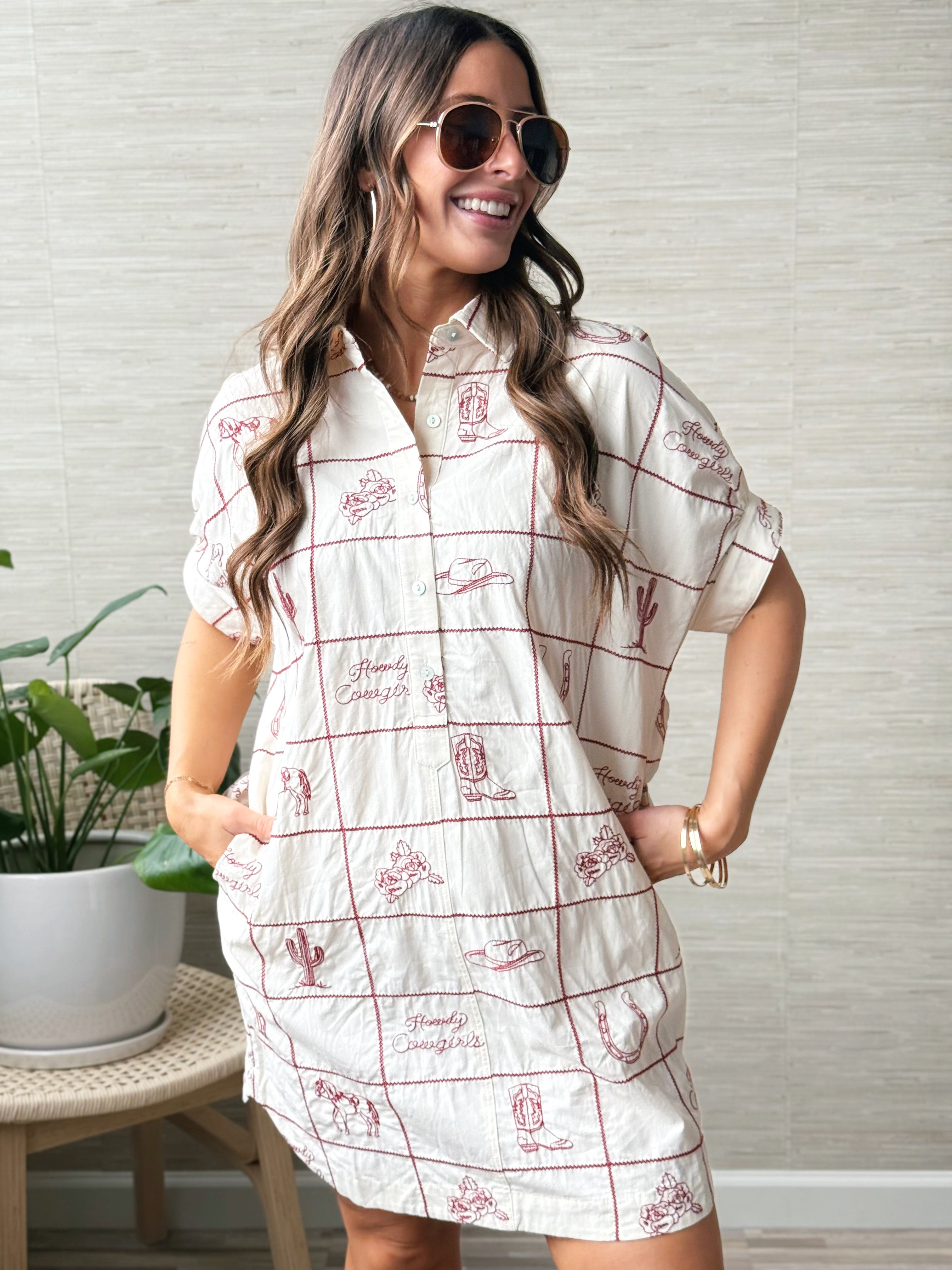 Howdy Cowgirls Shift Dress - CHERRY WOOD CREAM - willows clothing SHORT DRESS