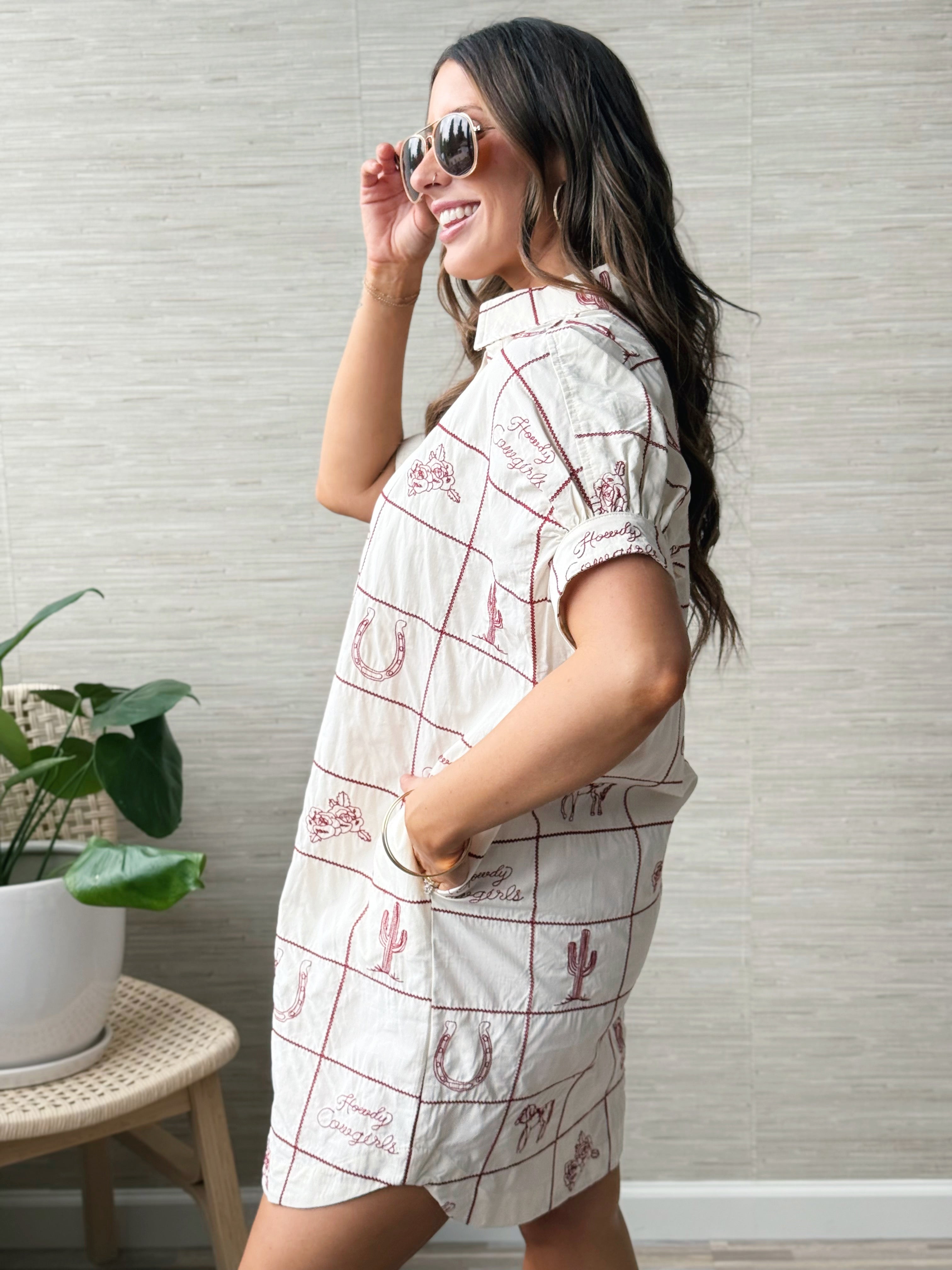 Howdy Cowgirls Shift Dress - CHERRY WOOD CREAM - willows clothing SHORT DRESS