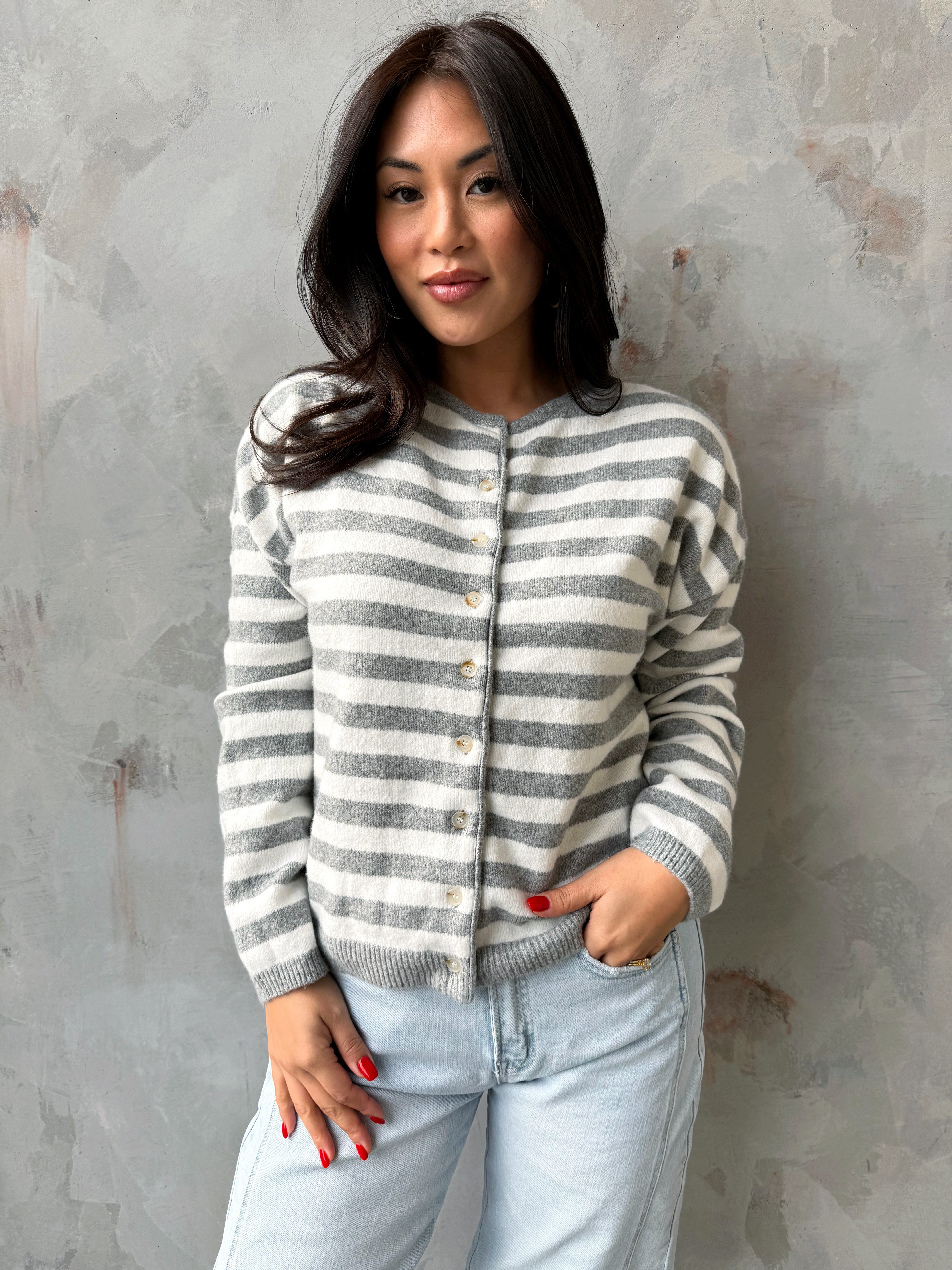 Kimmy Cardigan - HEATHER GREY/WHITE - willows clothing Cardigan