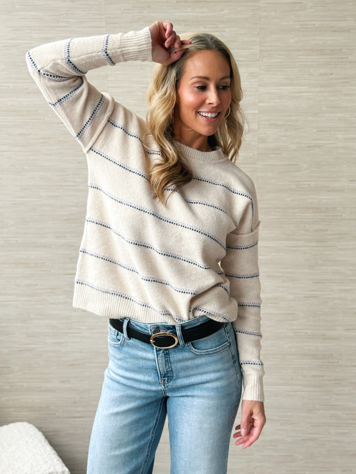 Lavender Fields Stripe Top - OATMEAL/LAVENDER - willows clothing L/S SHIRT