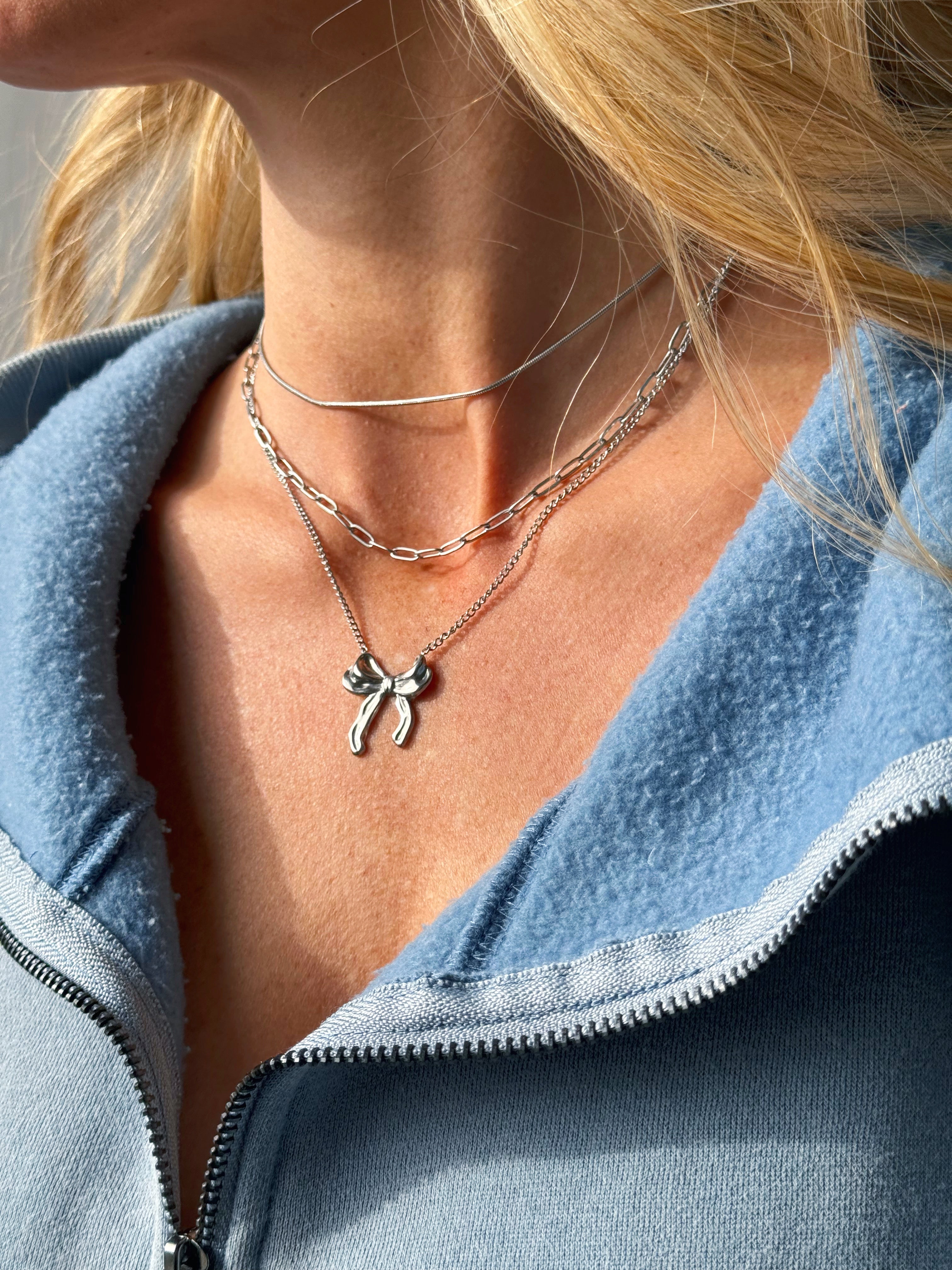 Layered Bow Necklace - SILVER - willows clothing NECKLACE