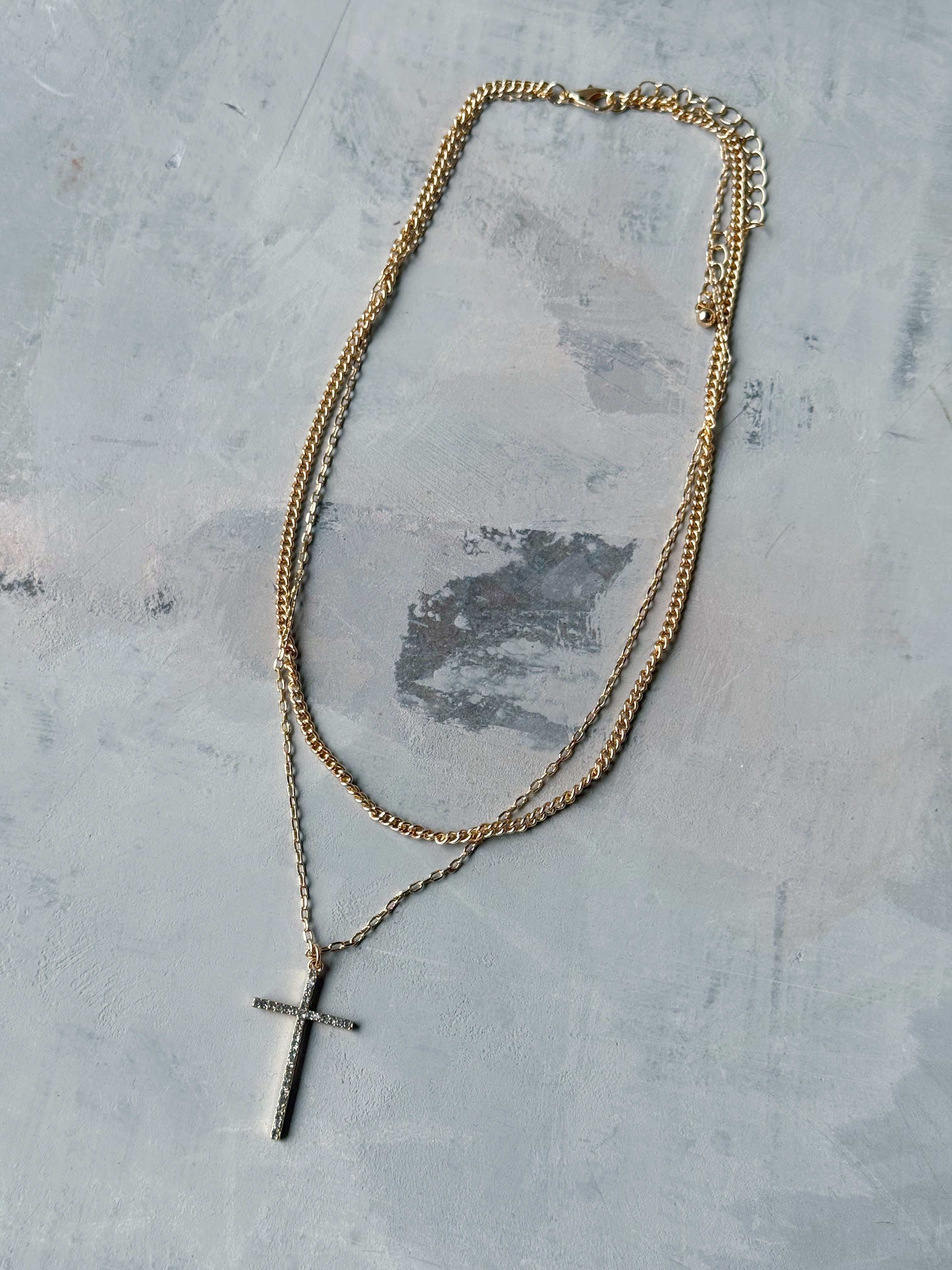 Layered Rhinestone Cross Necklace - GOLD - willows clothing NECKLACE