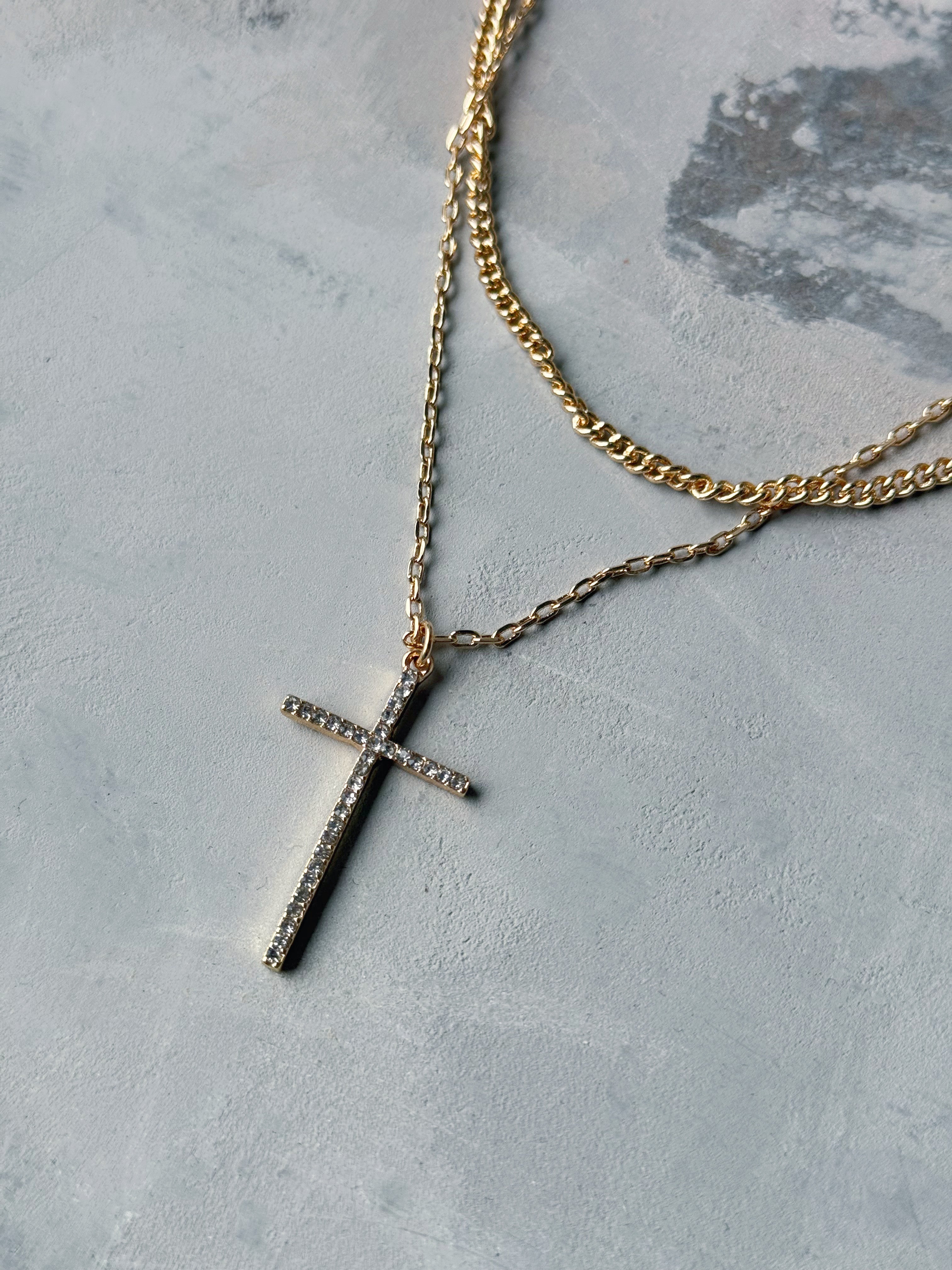 Layered Rhinestone Cross Necklace - GOLD - willows clothing NECKLACE