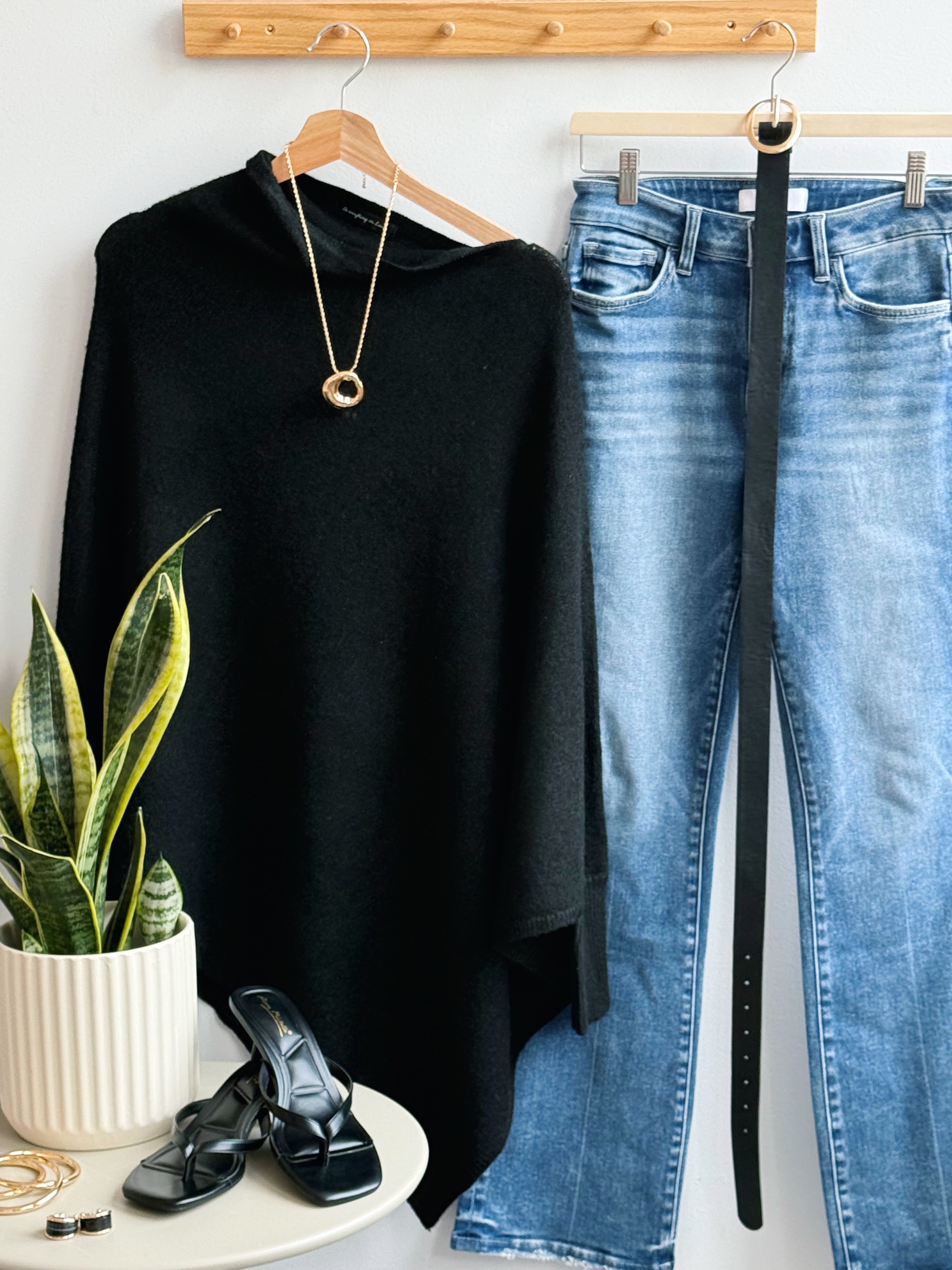 Leaf It to Us Poncho Sweater - BLACK - willows clothing PONCHO